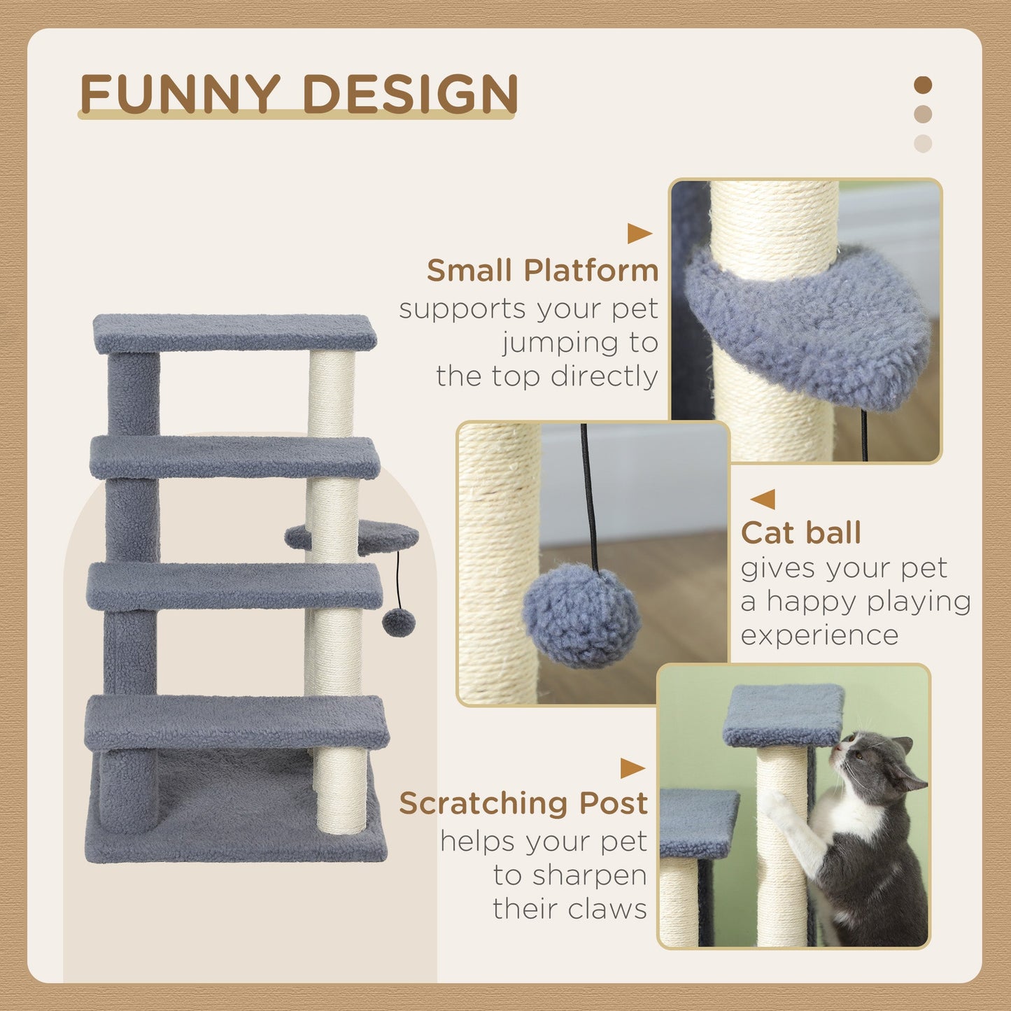 Cat Stairs 4 Steps for Bed, Couch with Scratching Posts, Small Cat Tree for Indoor Cats with Toy Ball, 23.5" x 16" x 25", Grey