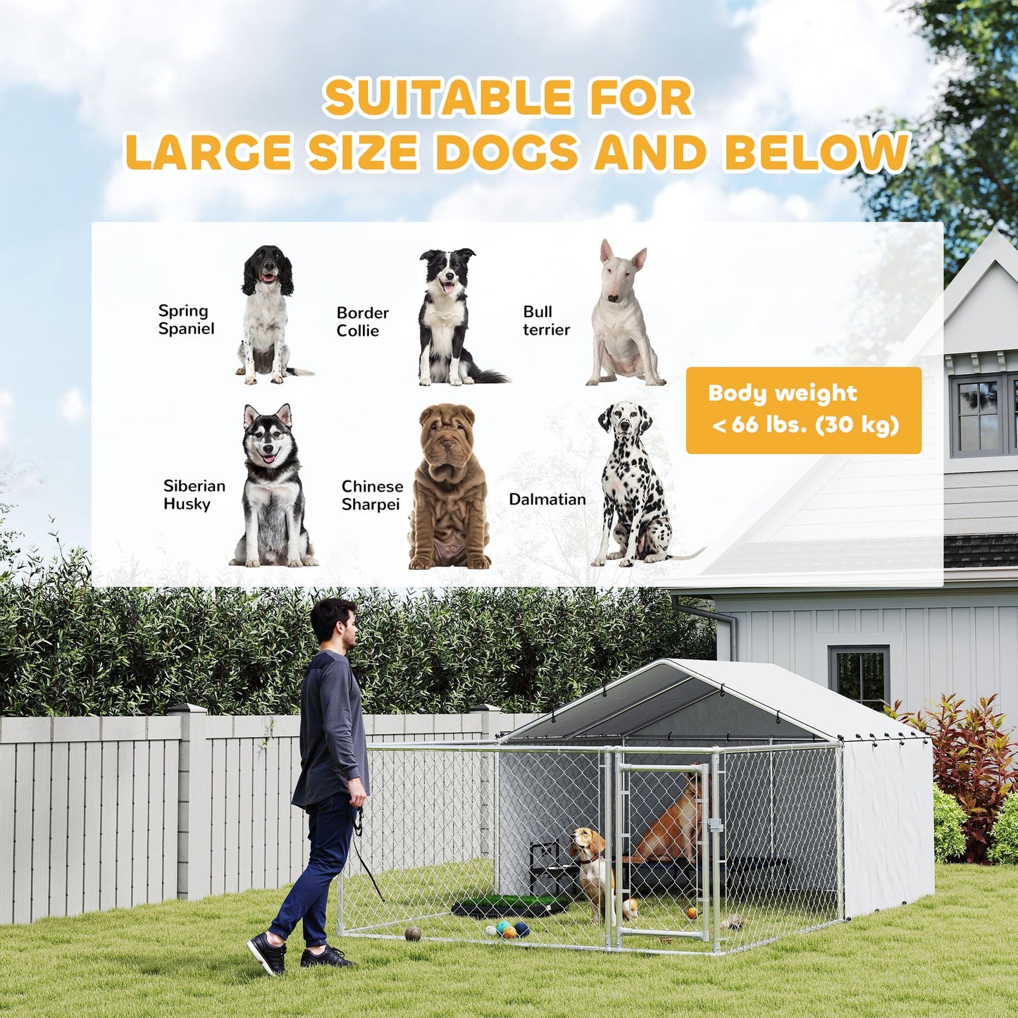 Outdoor Dog Kennel with Waterproof & UV-Resistant Cover, Dog Run with Secure Lock for Small Medium Large Dogs, 13.1' x 7.5' x 4.9'