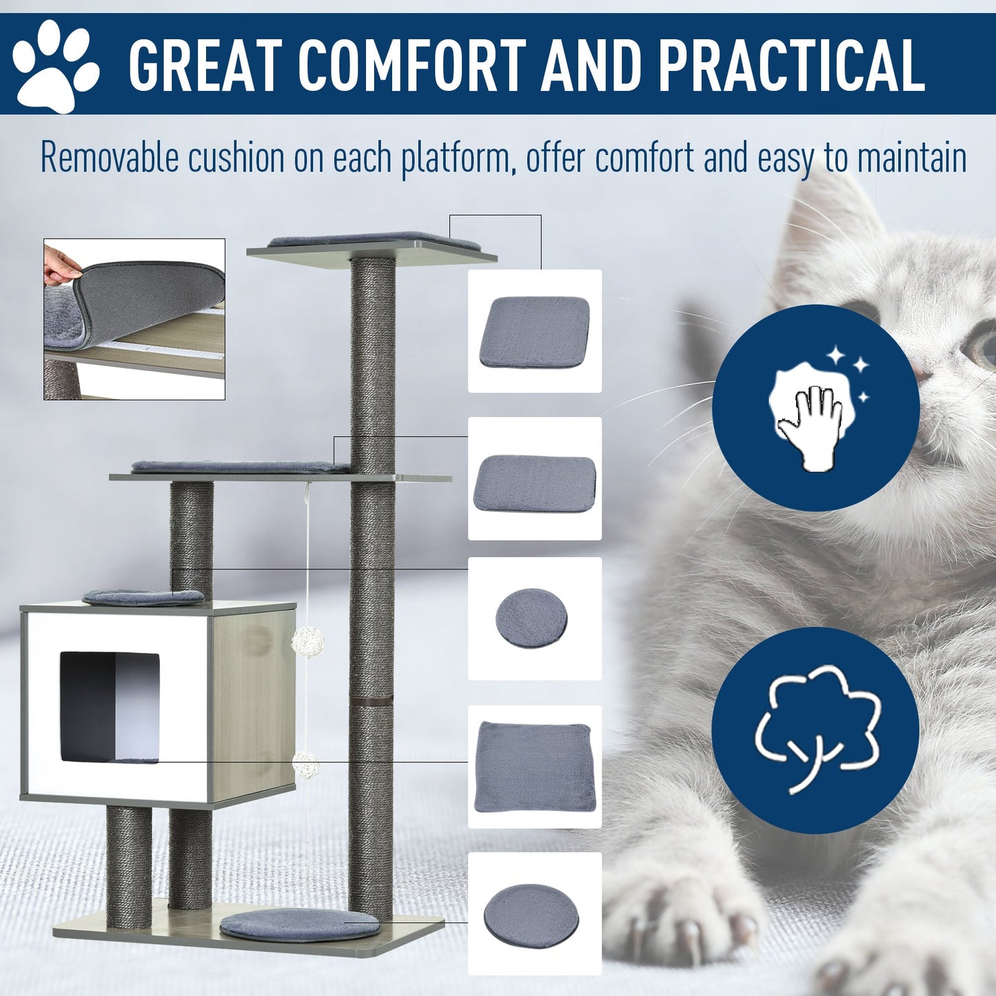 47" Wood Cat Tree, Cat Condo Tower with Scratching Post, Toy Ball, Grey