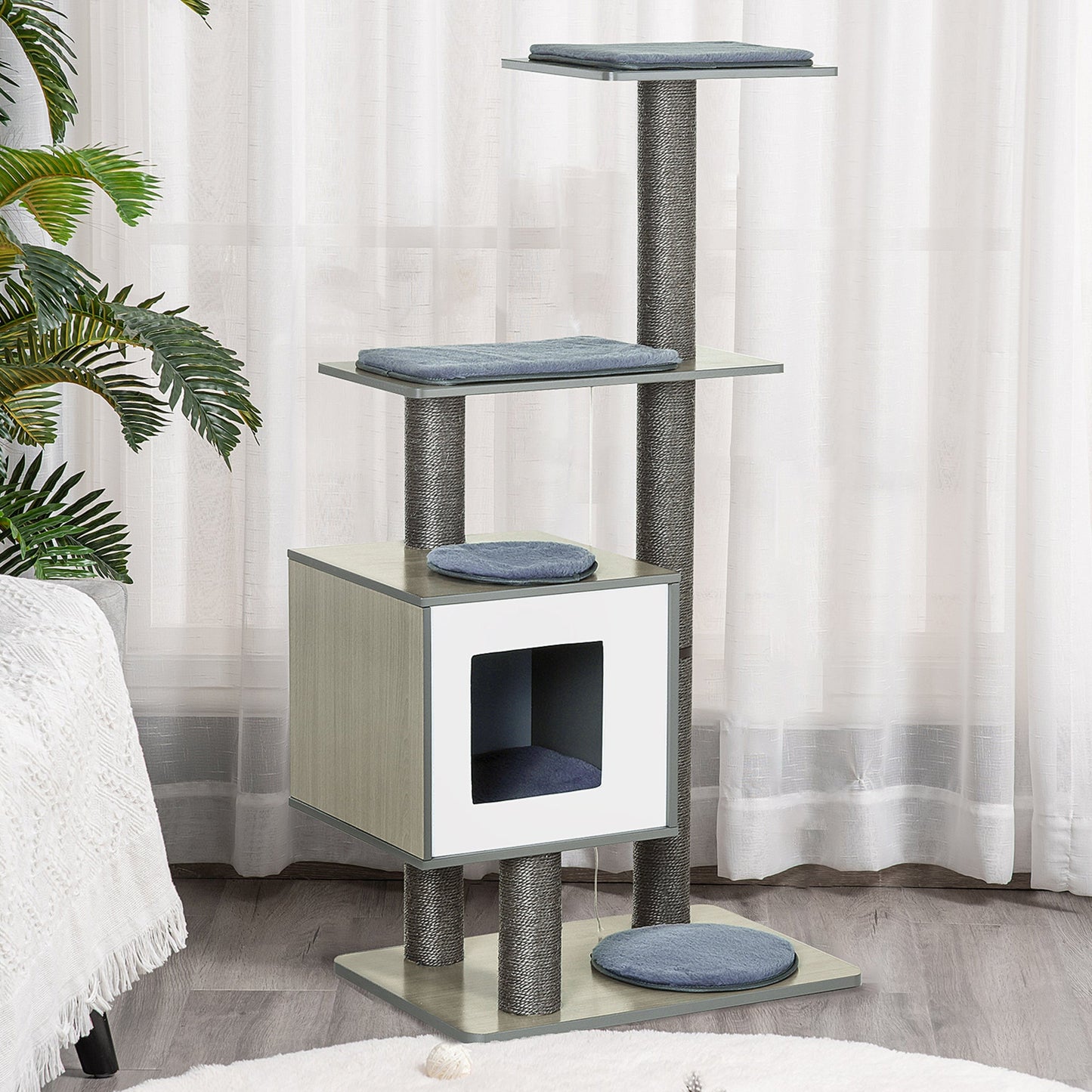 47" Wood Cat Tree, Cat Condo Tower with Scratching Post, Toy Ball, Grey