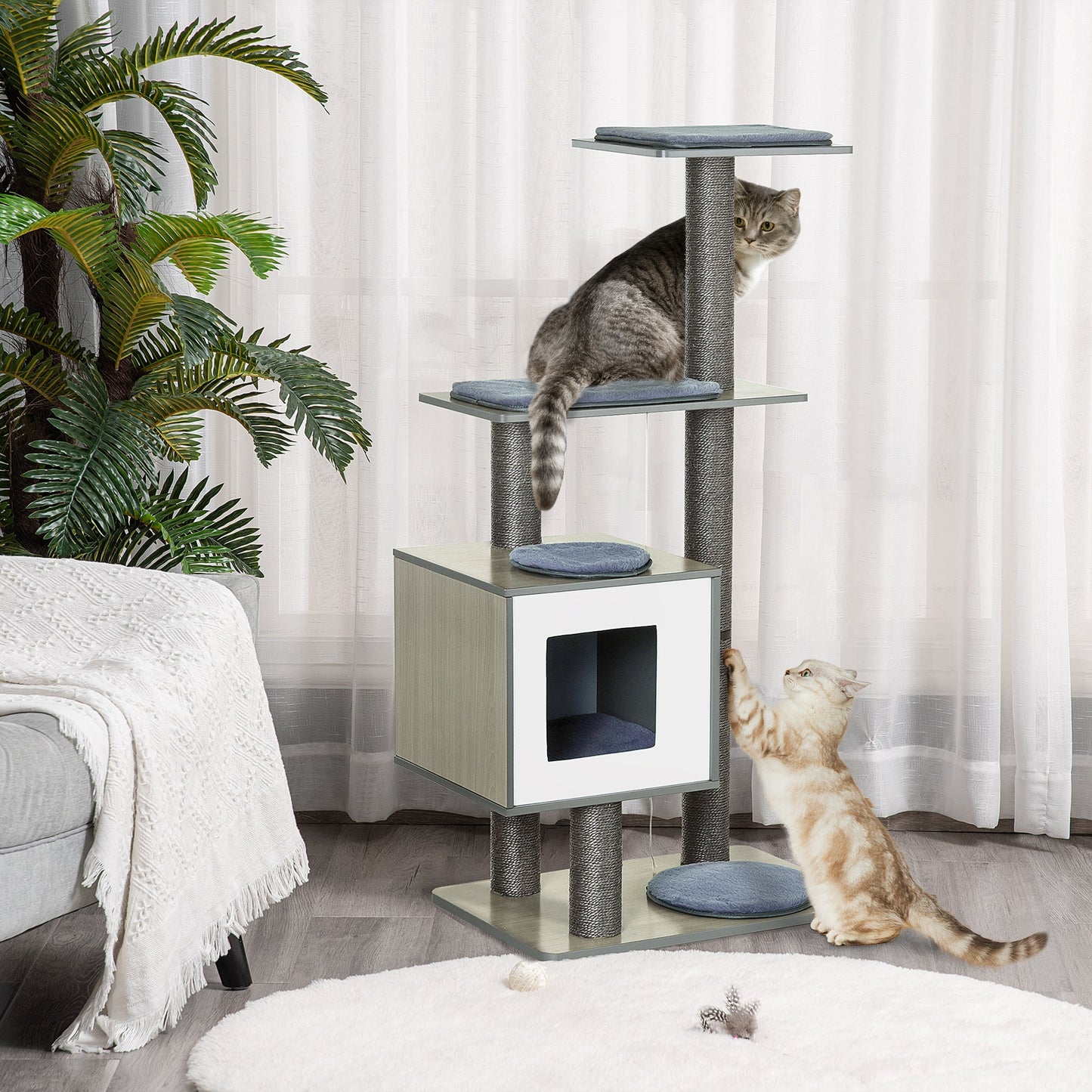 47" Wood Cat Tree, Cat Condo Tower with Scratching Post, Toy Ball, Grey