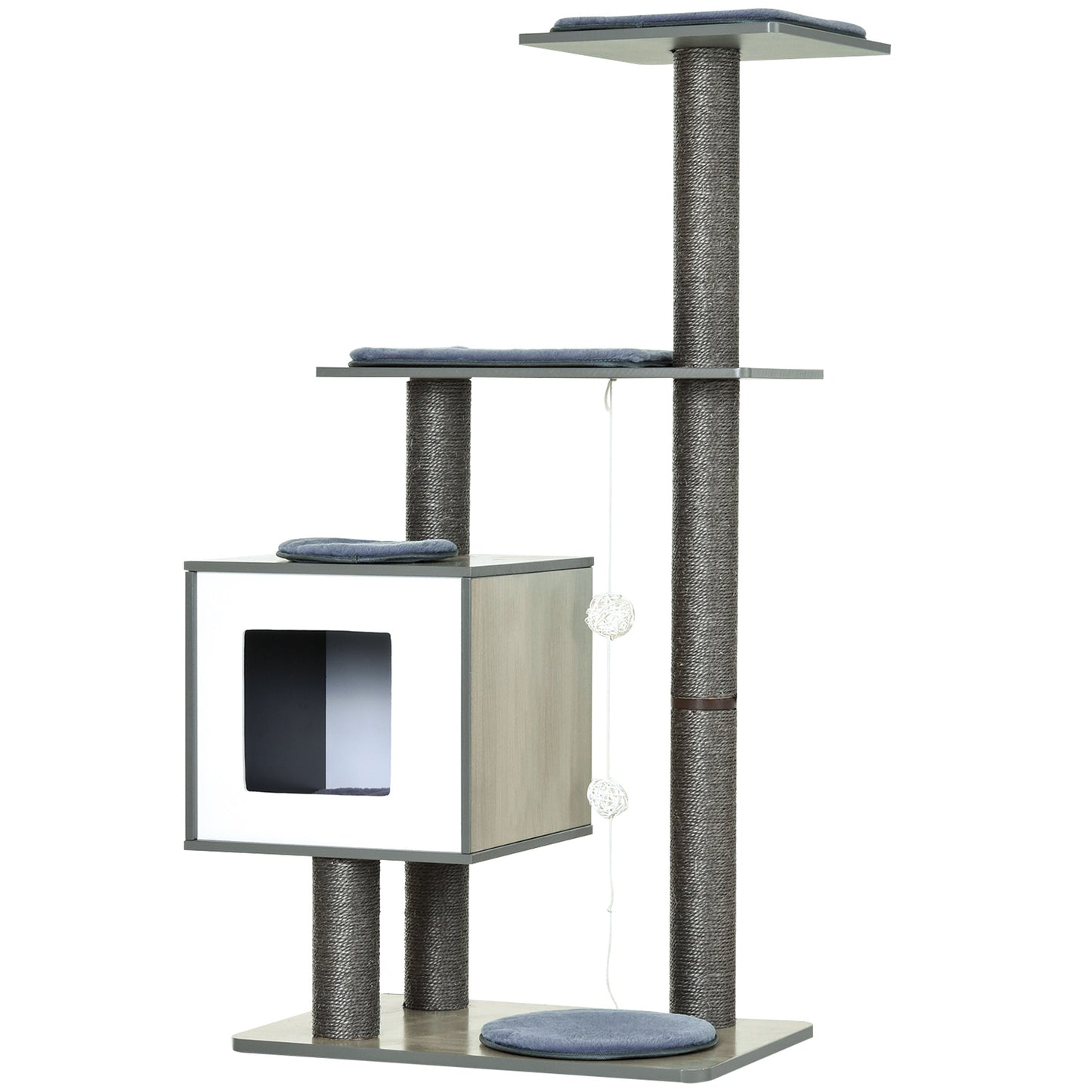 47" Wood Cat Tree, Cat Condo Tower with Scratching Post, Toy Ball, Grey