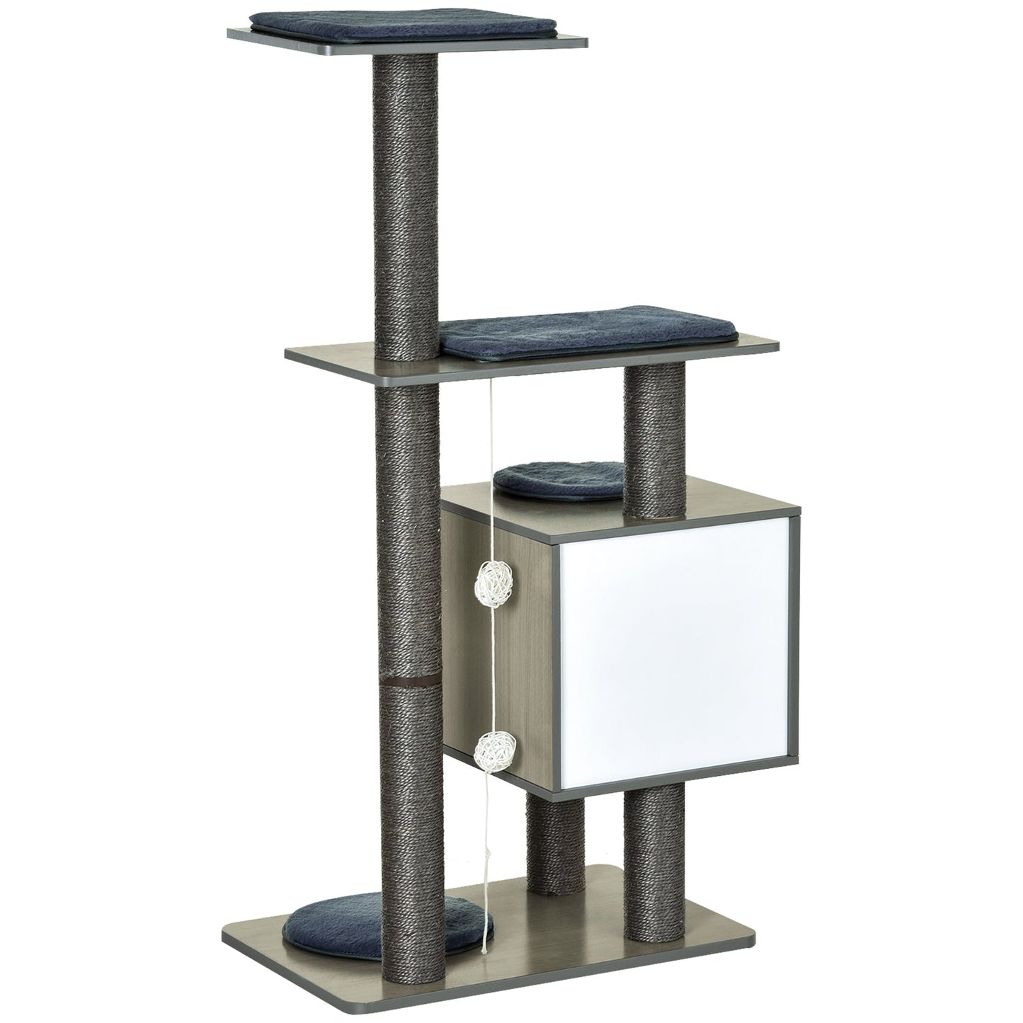 47" Wood Cat Tree, Cat Condo Tower with Scratching Post, Toy Ball, Grey