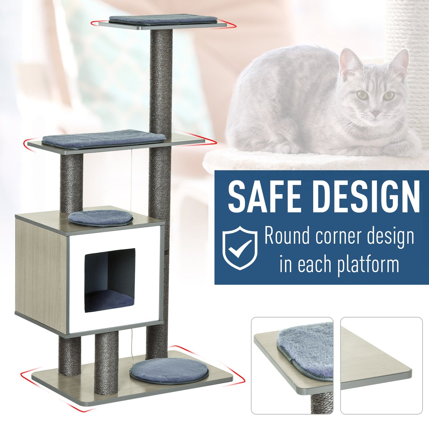 47" Wood Cat Tree, Cat Condo Tower with Scratching Post, Toy Ball, Grey