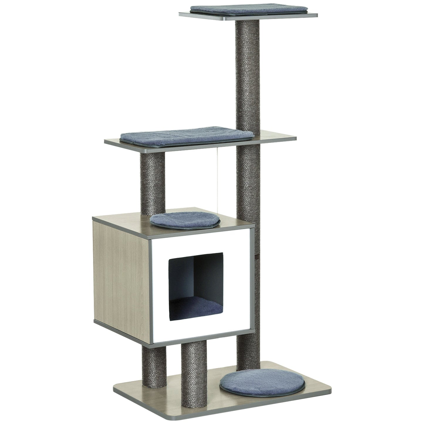 47" Wood Cat Tree, Cat Condo Tower with Scratching Post, Toy Ball, Grey