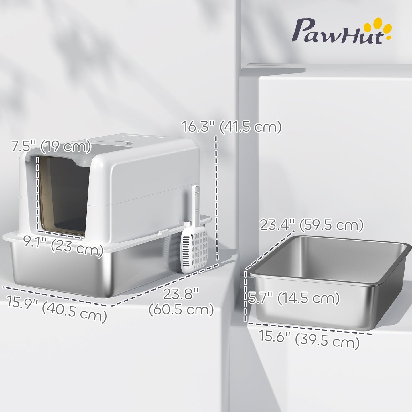 Stainless Steel Cat Litter Box with Removable Lid, Extra Large Litter Box with Scoop, Metal Litter Box for Small to Large Cats, Easy to Clean, White