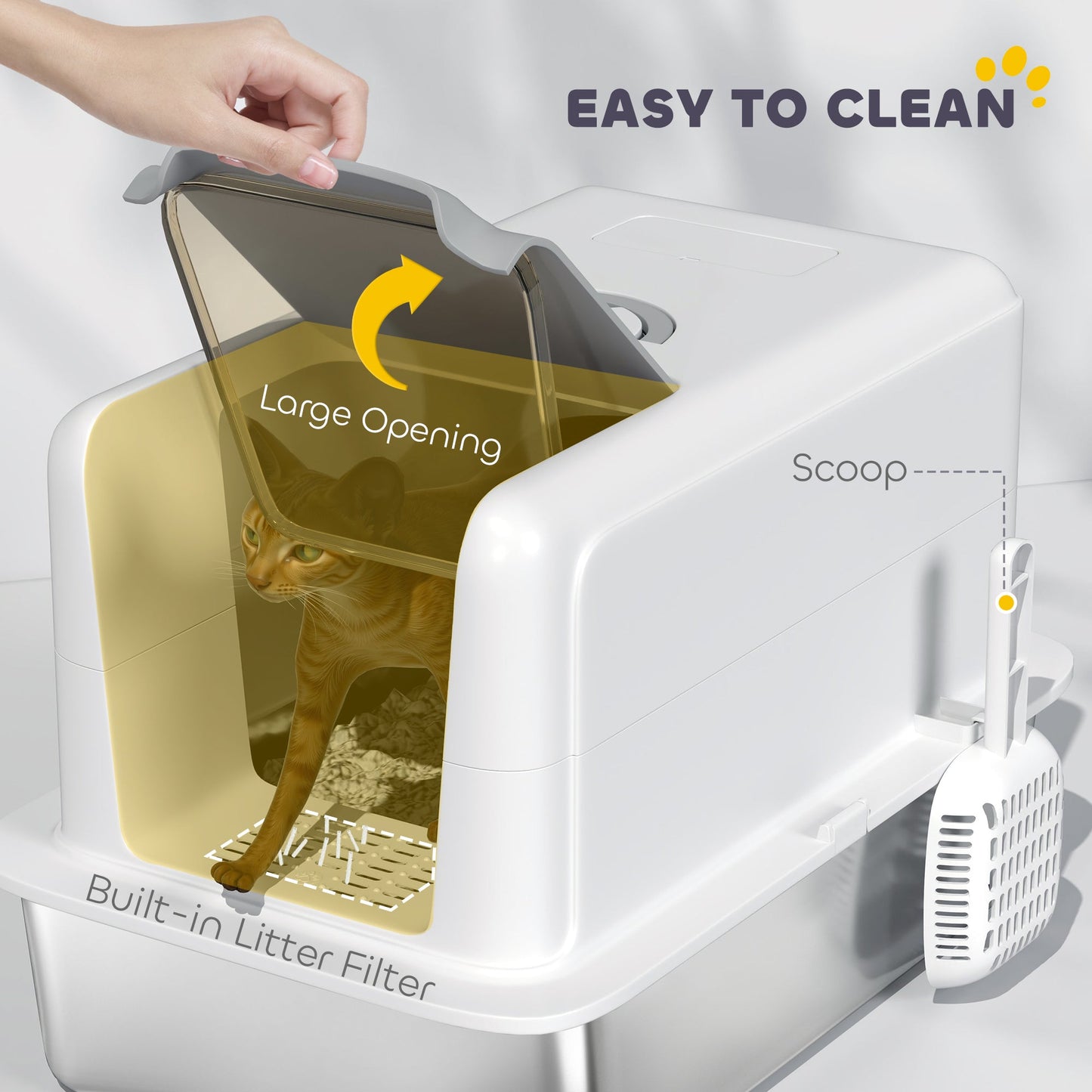 Stainless Steel Cat Litter Box with Removable Lid, Extra Large Litter Box with Scoop, Metal Litter Box for Small to Large Cats, Easy to Clean, White