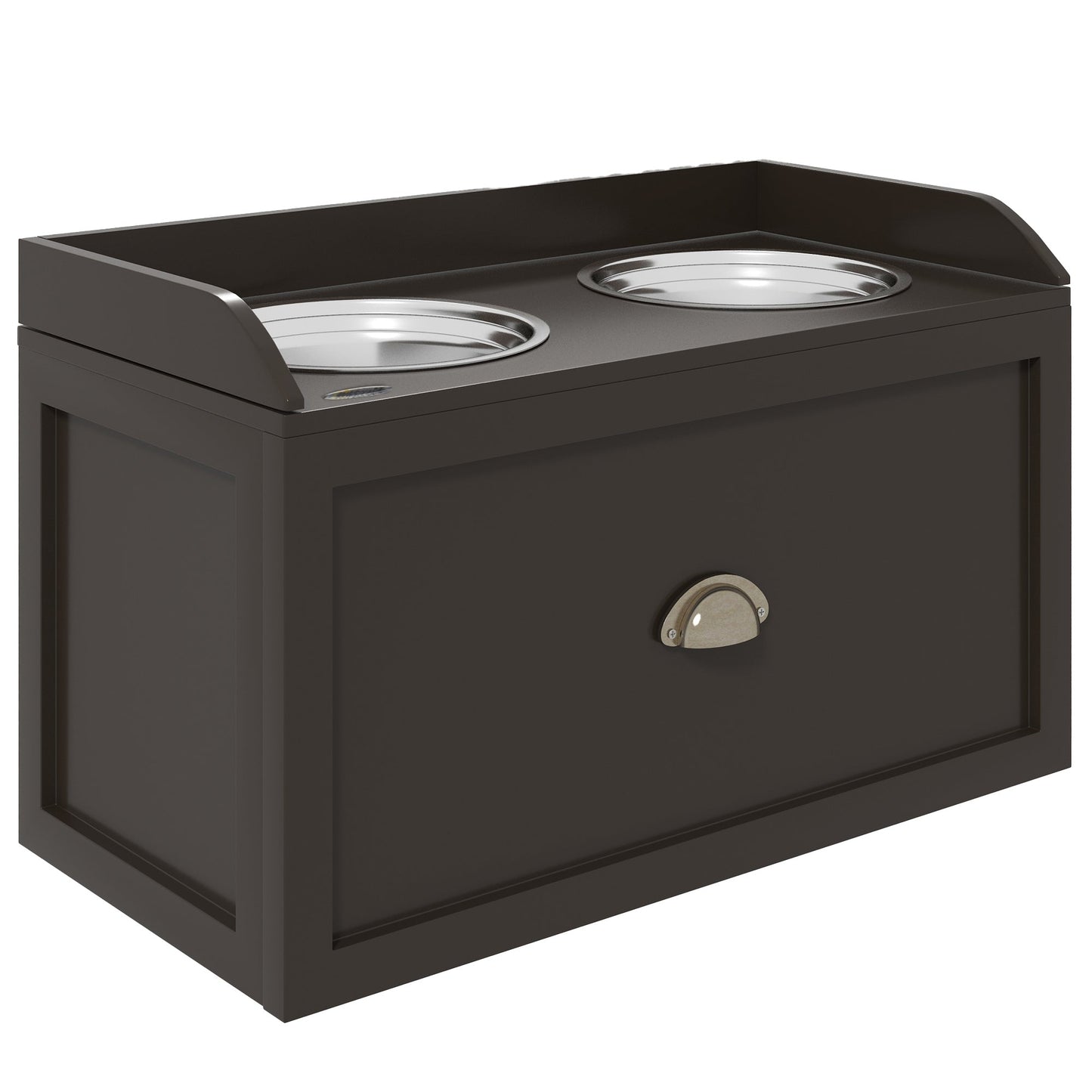 Elevated Dog Bowls for Large Dogs, Raised Pet Feeding Station with 2 Stainless Steel Bowls, Hidden Storage Drawer, Wood Stand for Cats, Coffee