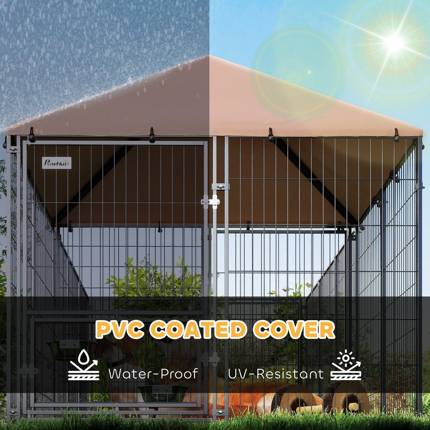 Outdoor Dog Kennel, Dog Run Outdoor with Rotating and Adjustable Height Bowls, Waterproof UV-Resistant Cover, Secure Lock, 11.3' x 4.7' x 5.1'