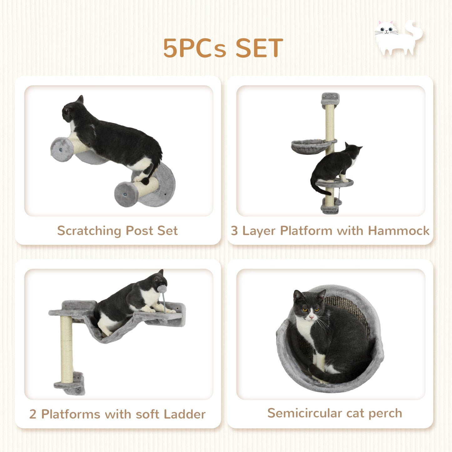 Cat Wall Shelves, 5PCs Cat Shelves with Scratching Post, Perches, Bridge, Steps, Condo, Hammock, Wall Mounted Cat Climber, Light Grey