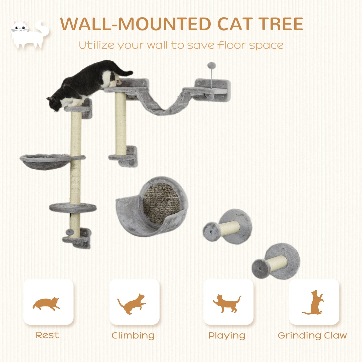Cat Wall Shelves, 5PCs Cat Shelves with Scratching Post, Perches, Bridge, Steps, Condo, Hammock, Wall Mounted Cat Climber, Light Grey