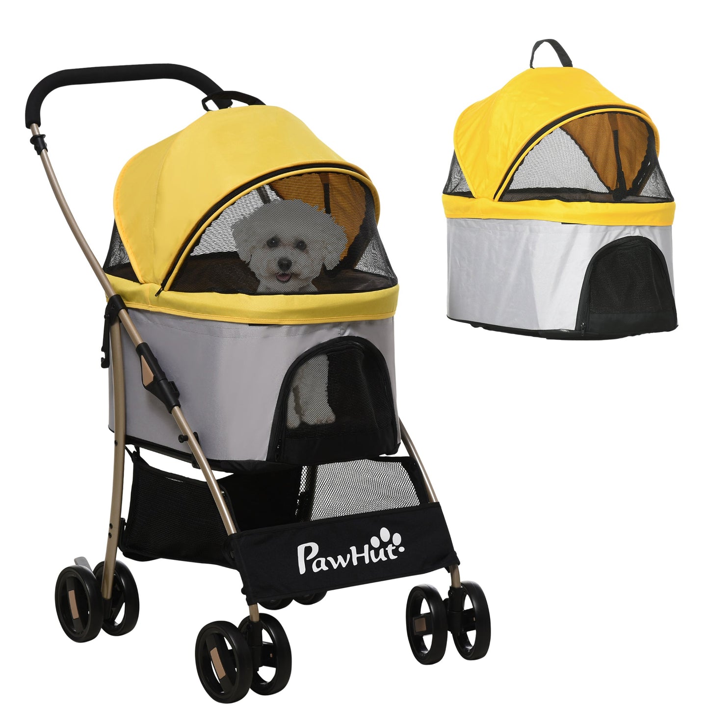 4 Wheels Pet Stroller, 3 in 1 Dog Cat Travel Folding Carrier, for Small Dogs, Detachable, w/ Brake, Canopy, Basket, Storage Bag - Yellow