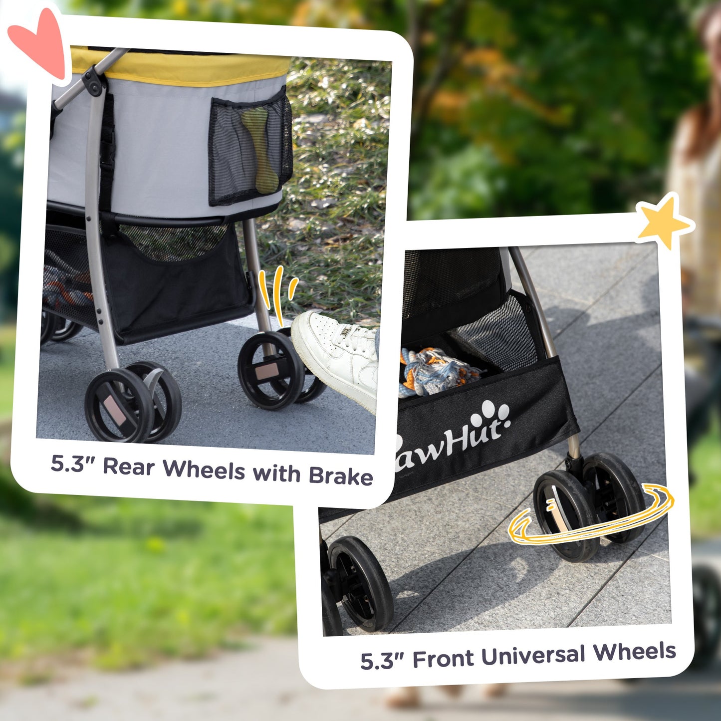 4 Wheels Pet Stroller, 3 in 1 Dog Cat Travel Folding Carrier, for Small Dogs, Detachable, w/ Brake, Canopy, Basket, Storage Bag - Yellow