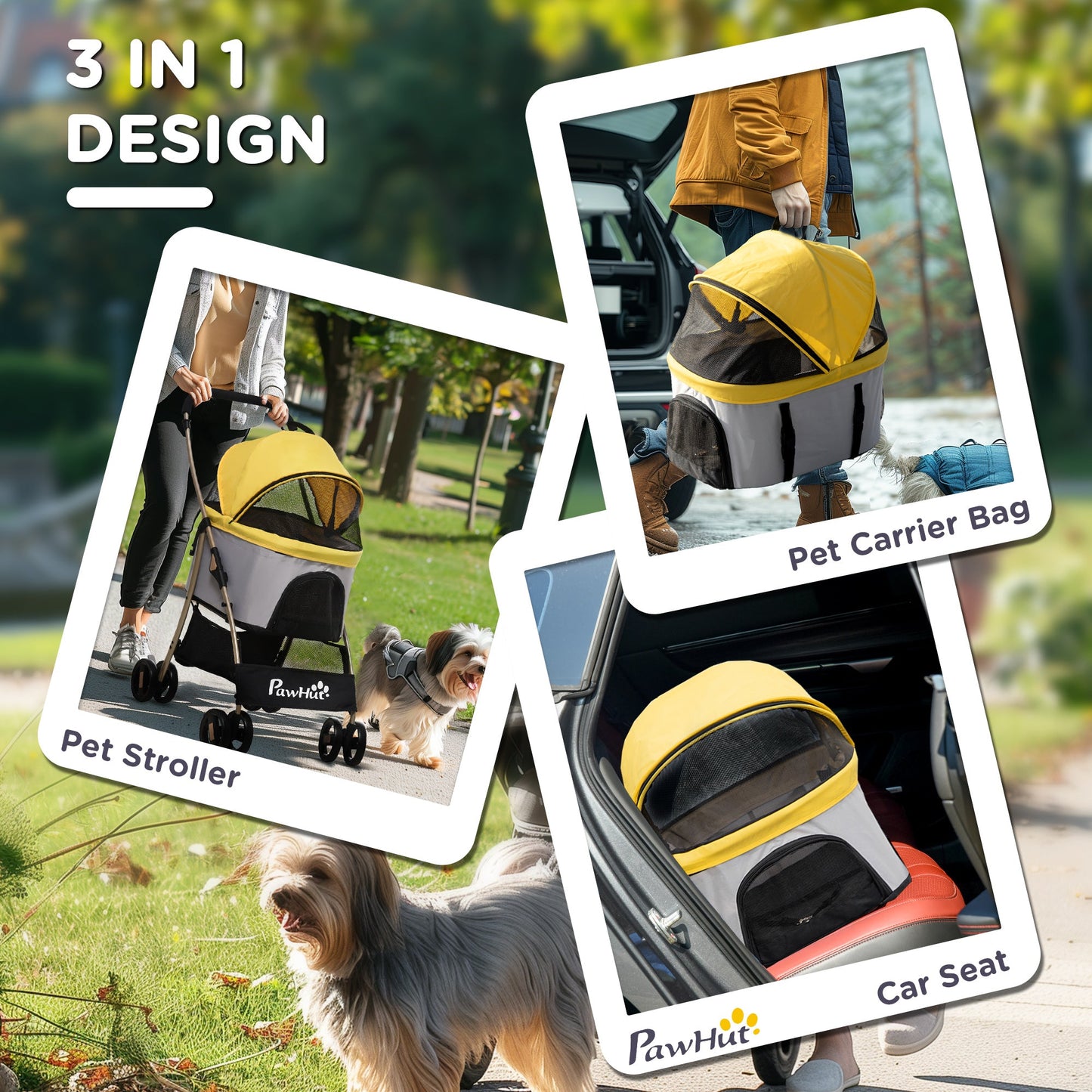 4 Wheels Pet Stroller, 3 in 1 Dog Cat Travel Folding Carrier, for Small Dogs, Detachable, w/ Brake, Canopy, Basket, Storage Bag - Yellow