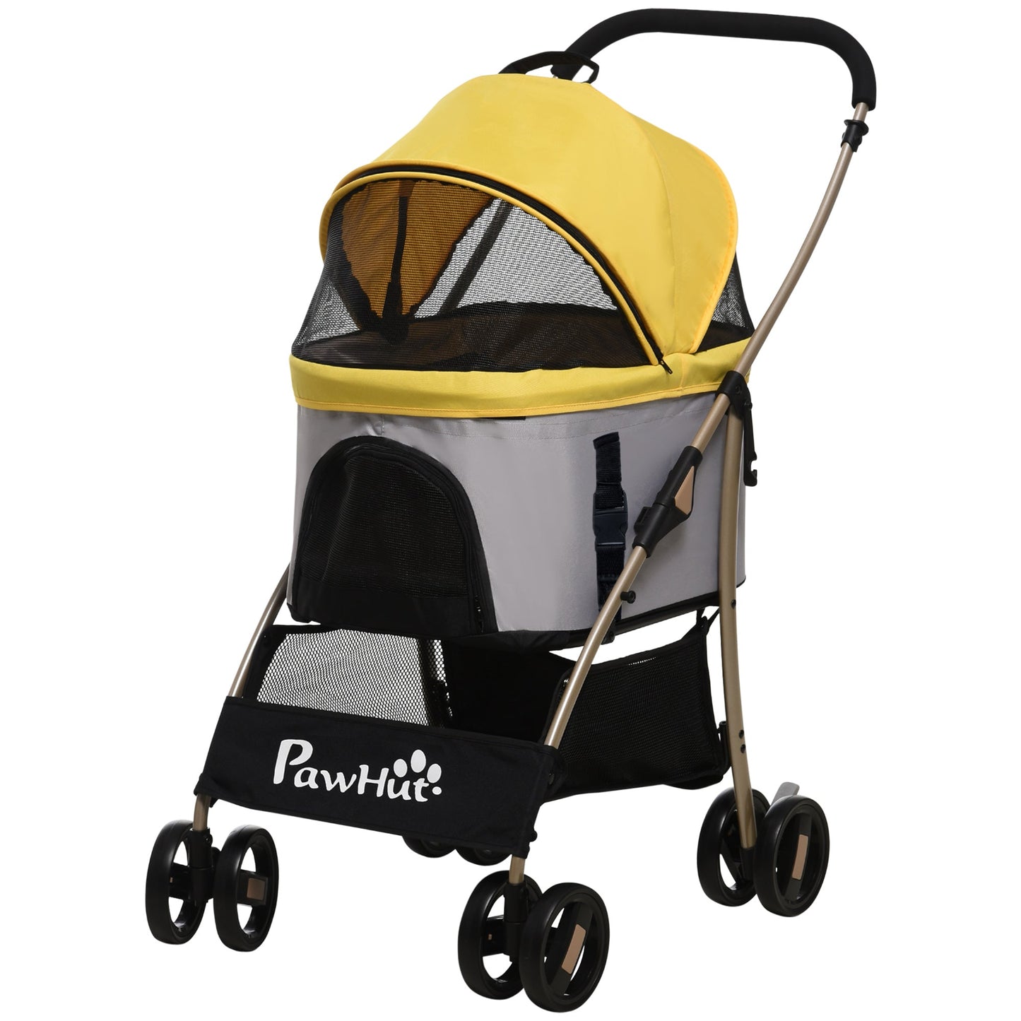 4 Wheels Pet Stroller, 3 in 1 Dog Cat Travel Folding Carrier, for Small Dogs, Detachable, w/ Brake, Canopy, Basket, Storage Bag - Yellow
