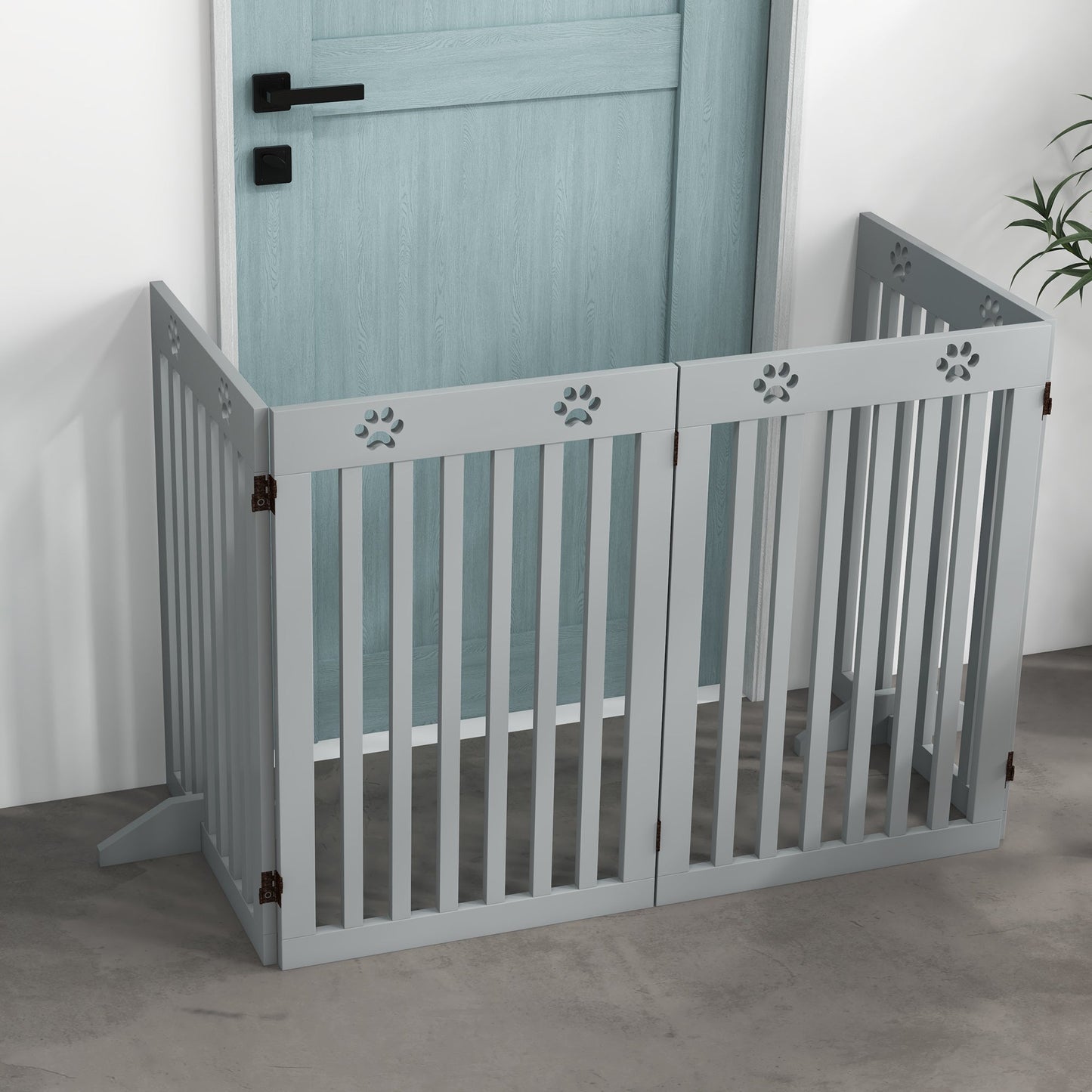 Freestanding Pet Gate 4 Panel Dog Barrier Folding Safety Fence with Support Feet up to 80.25" Long 29.5" Tall for Doorway Stairs Black Light Grey