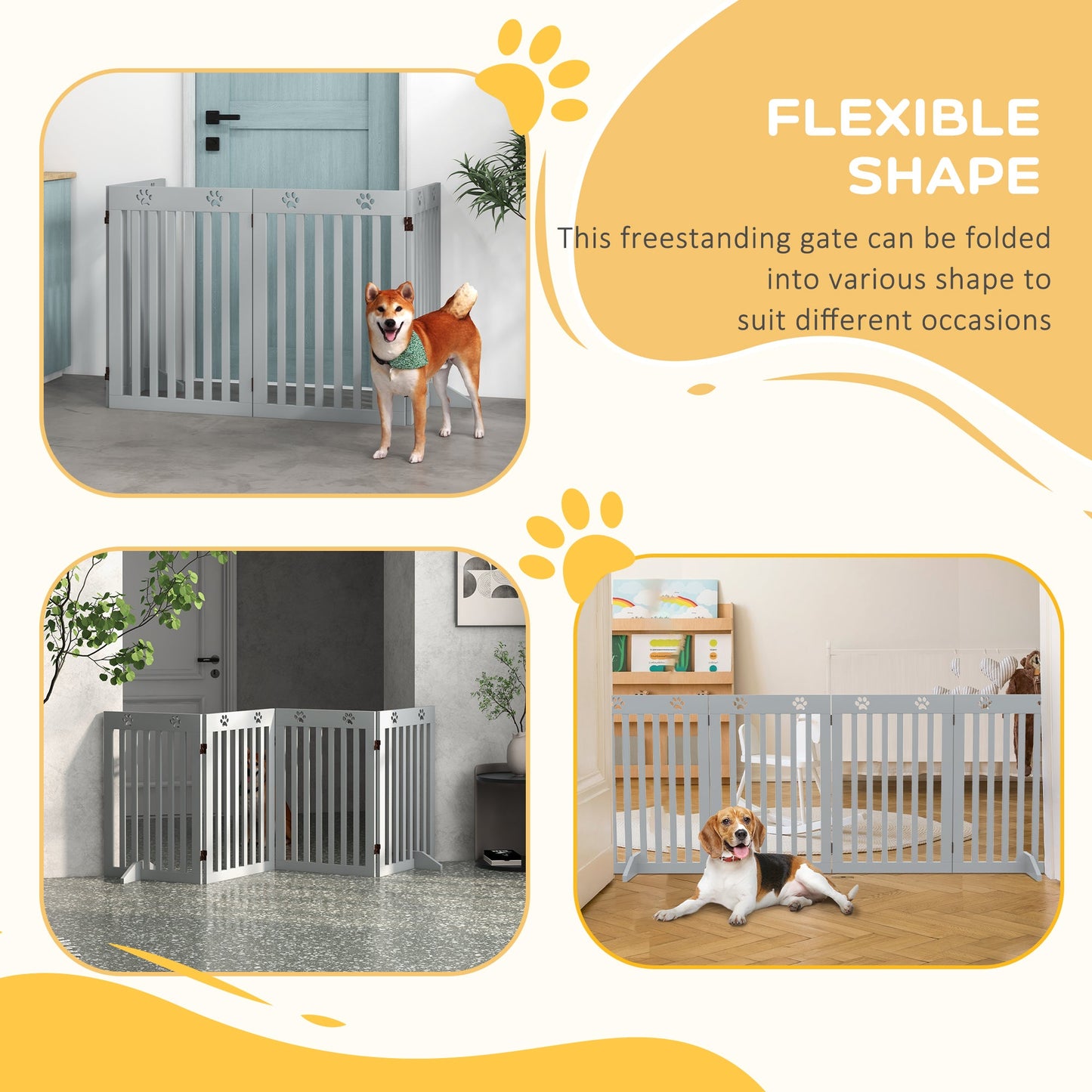 Freestanding Pet Gate 4 Panel Dog Barrier Folding Safety Fence with Support Feet up to 80.25" Long 29.5" Tall for Doorway Stairs Black Light Grey