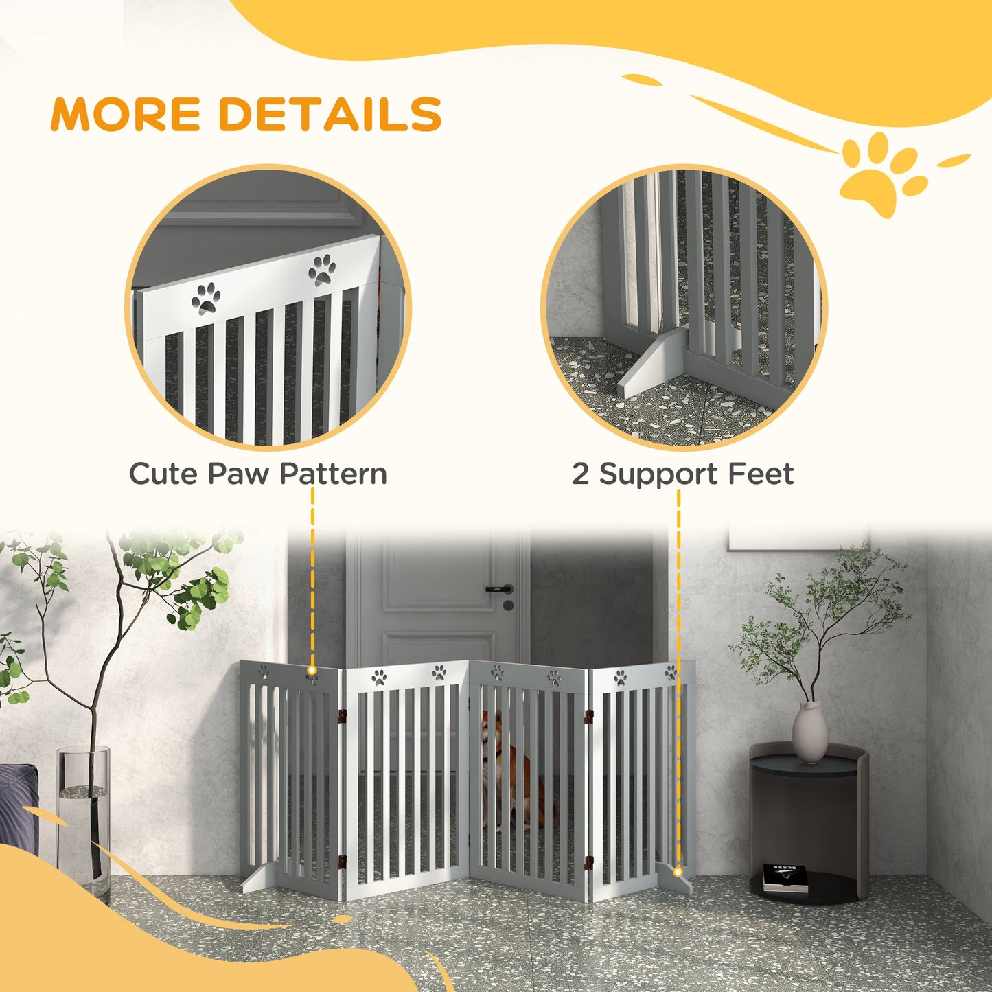 Freestanding Pet Gate 4 Panel Dog Barrier Folding Safety Fence with Support Feet up to 80.25" Long 29.5" Tall for Doorway Stairs Black Light Grey