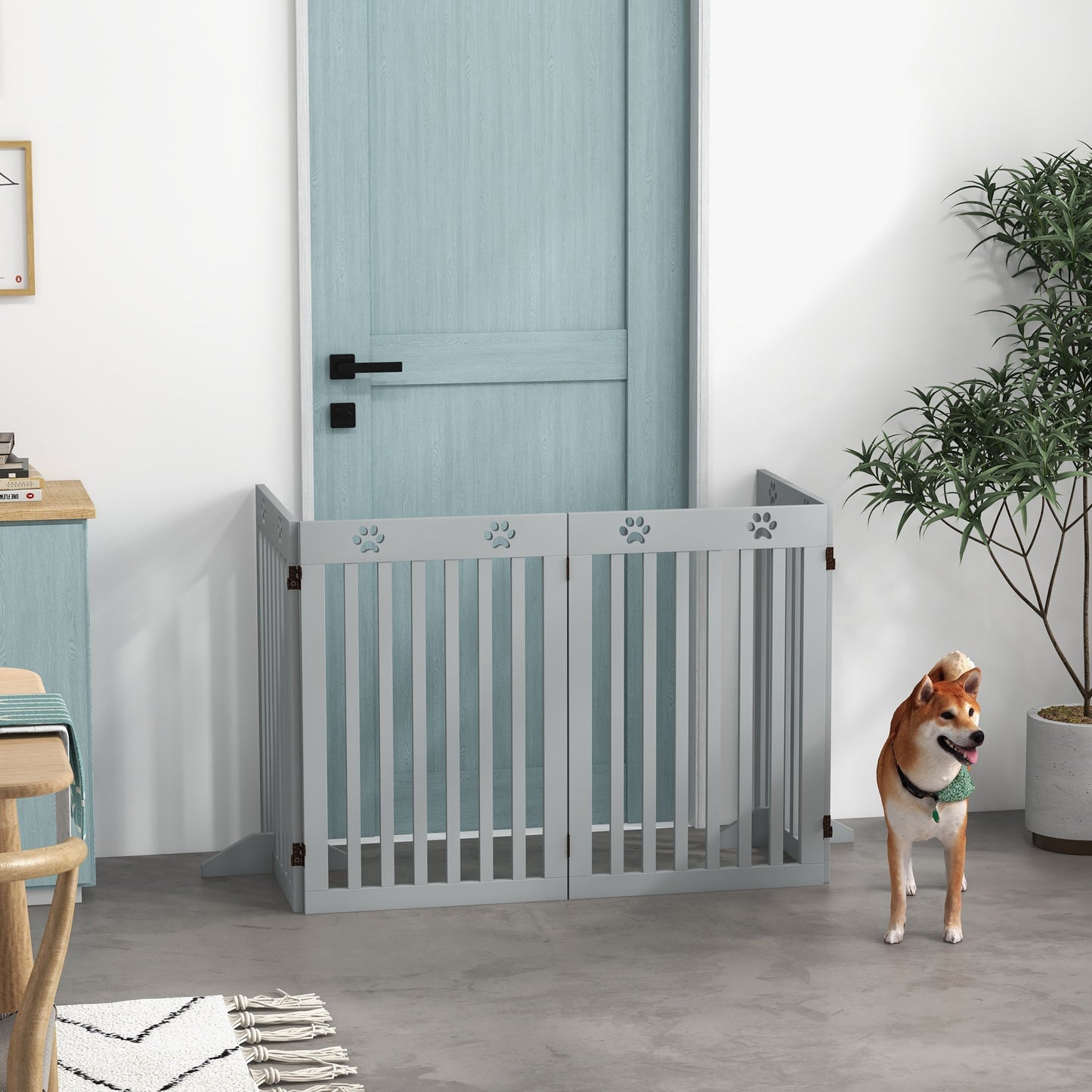 Freestanding Pet Gate 4 Panel Dog Barrier Folding Safety Fence with Support Feet up to 80.25" Long 29.5" Tall for Doorway Stairs Black Light Grey