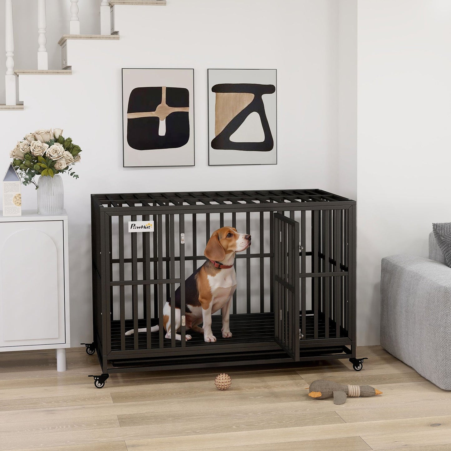 Heavy Duty Steel Dog Crate Kennel Pet Cage with Wheels for Portability and a Door for Convenient Access Anti-Pinching Floor, 49.2"L x 29.5"W x 34.6"H, Black