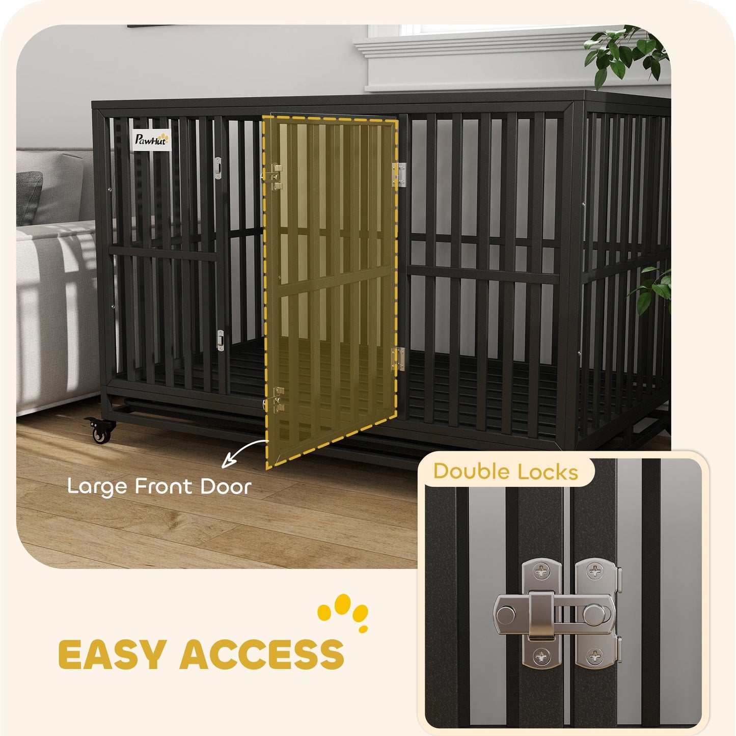 Heavy Duty Steel Dog Crate Kennel Pet Cage with Wheels for Portability and a Door for Convenient Access Anti-Pinching Floor, 49.2"L x 29.5"W x 34.6"H, Black