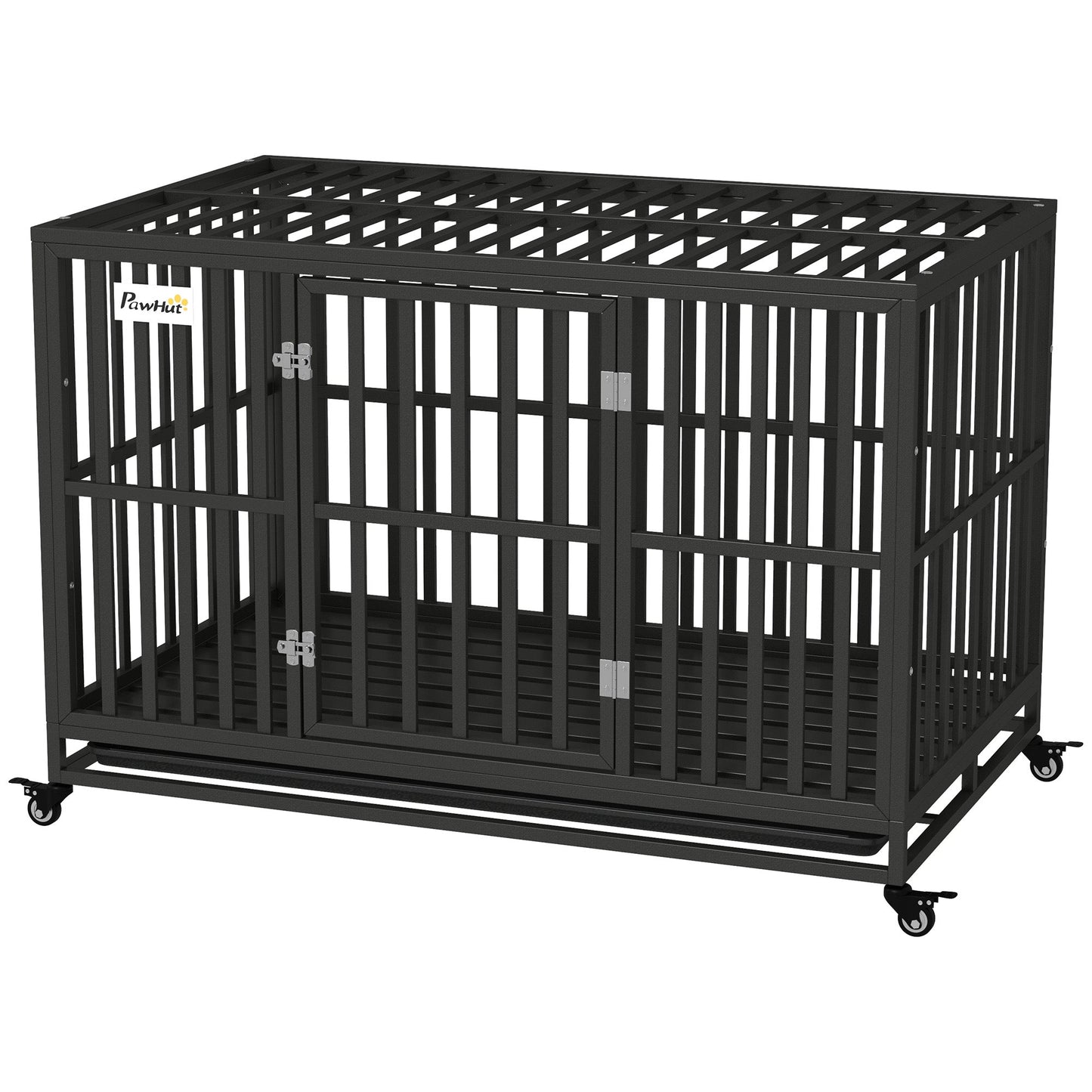 Heavy Duty Steel Dog Crate Kennel Pet Cage with Wheels for Portability and a Door for Convenient Access Anti-Pinching Floor, 49.2"L x 29.5"W x 34.6"H, Black