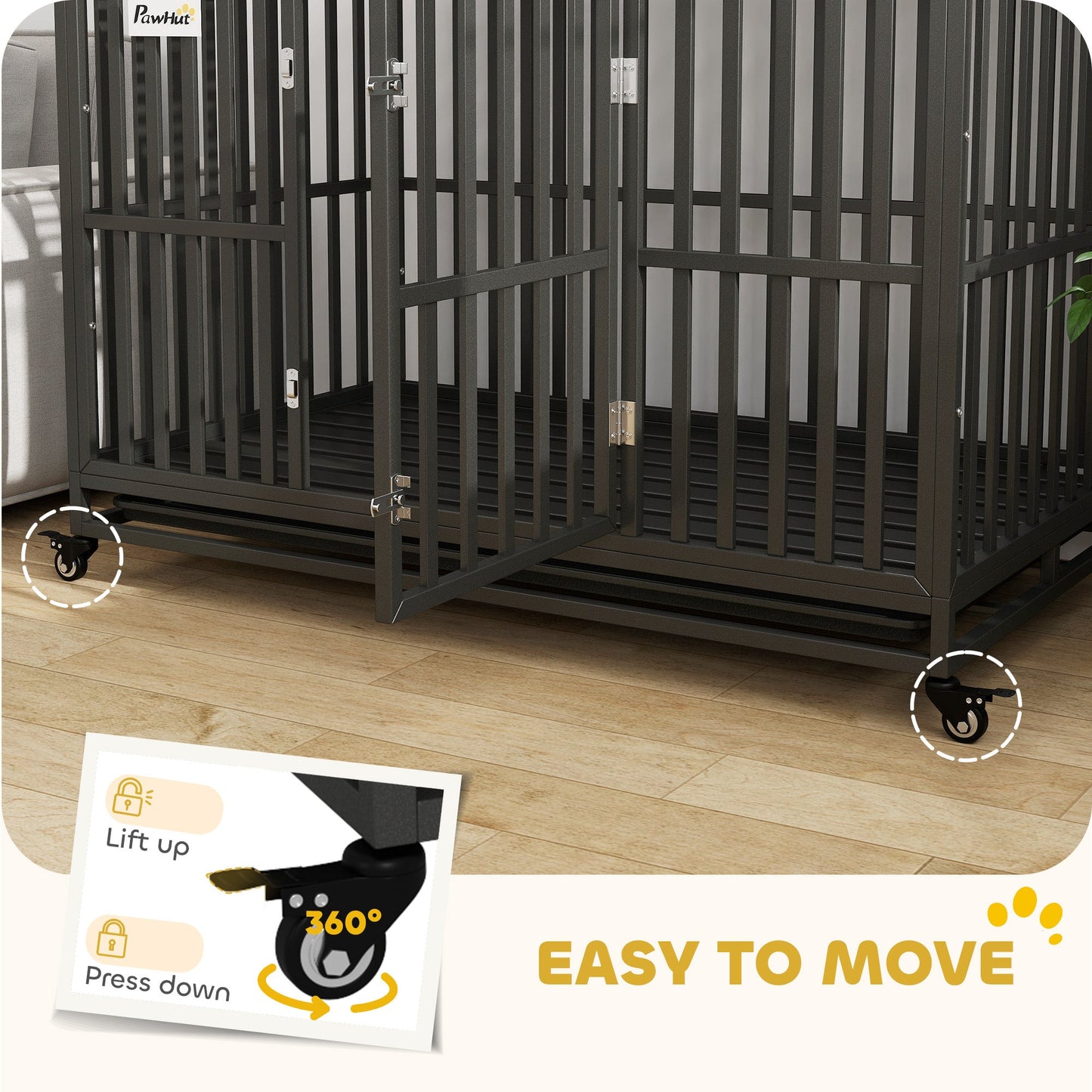 Heavy Duty Steel Dog Crate Kennel Pet Cage with Wheels for Portability and a Door for Convenient Access Anti-Pinching Floor, 49.2"L x 29.5"W x 34.6"H, Black