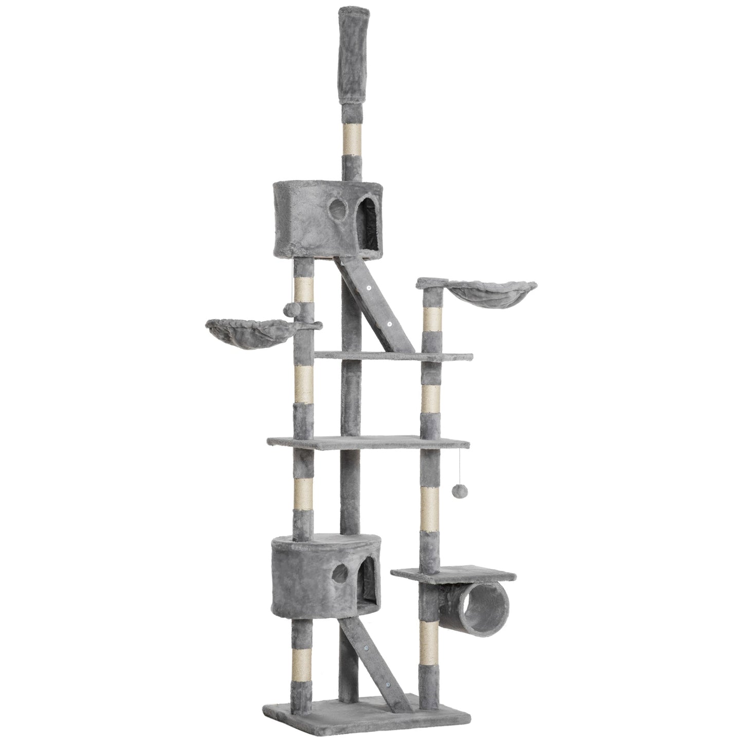 Cat Tower for Large Cats Adult, Floor to Ceiling Cat Tree Adjustable Height 94"-102" Multi-Level with Scratching Posts, Cozy Hammock, Dangling Ball Toy, Light Grey