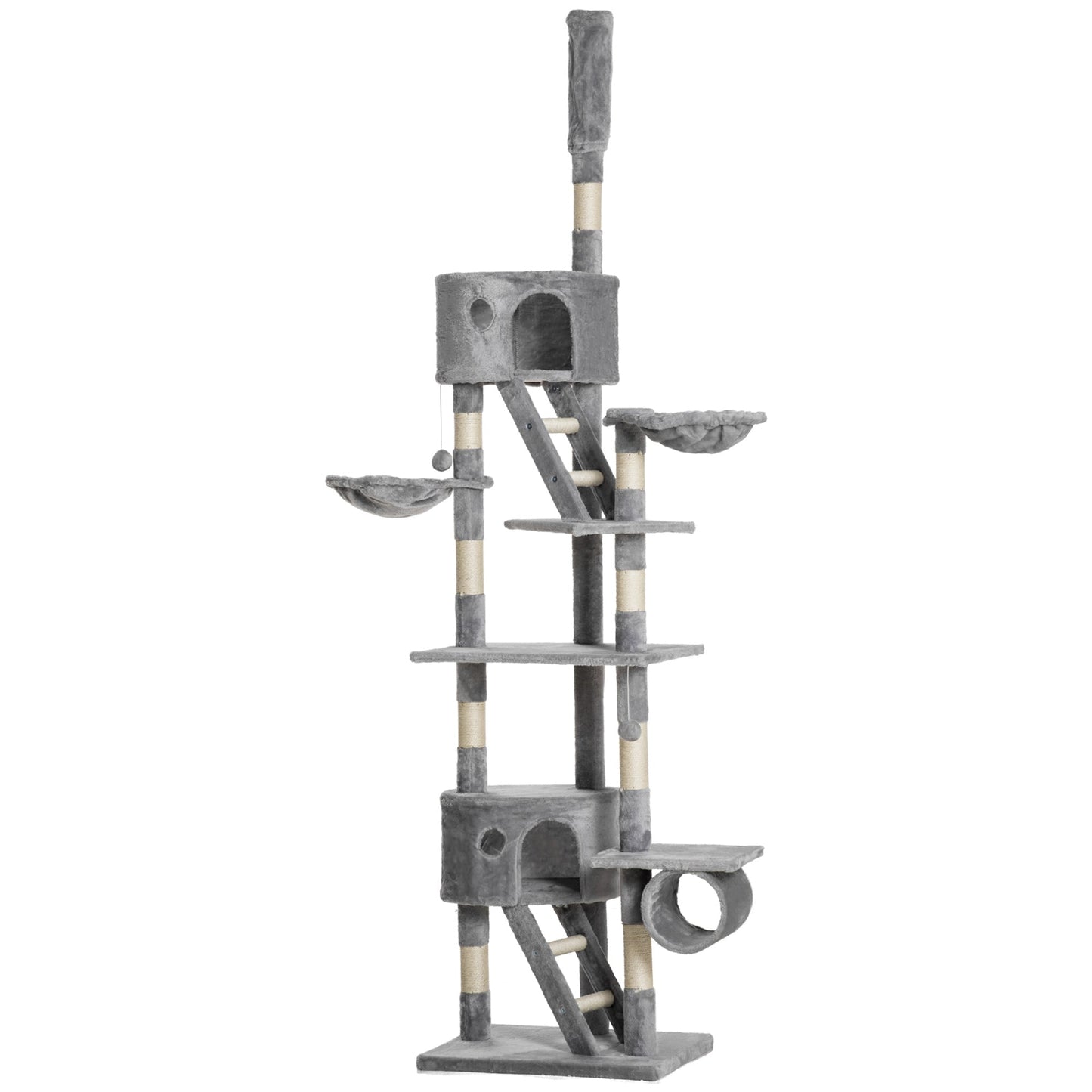 Cat Tower for Large Cats Adult, Floor to Ceiling Cat Tree Adjustable Height 94"-102" Multi-Level with Scratching Posts, Cozy Hammock, Dangling Ball Toy, Light Grey