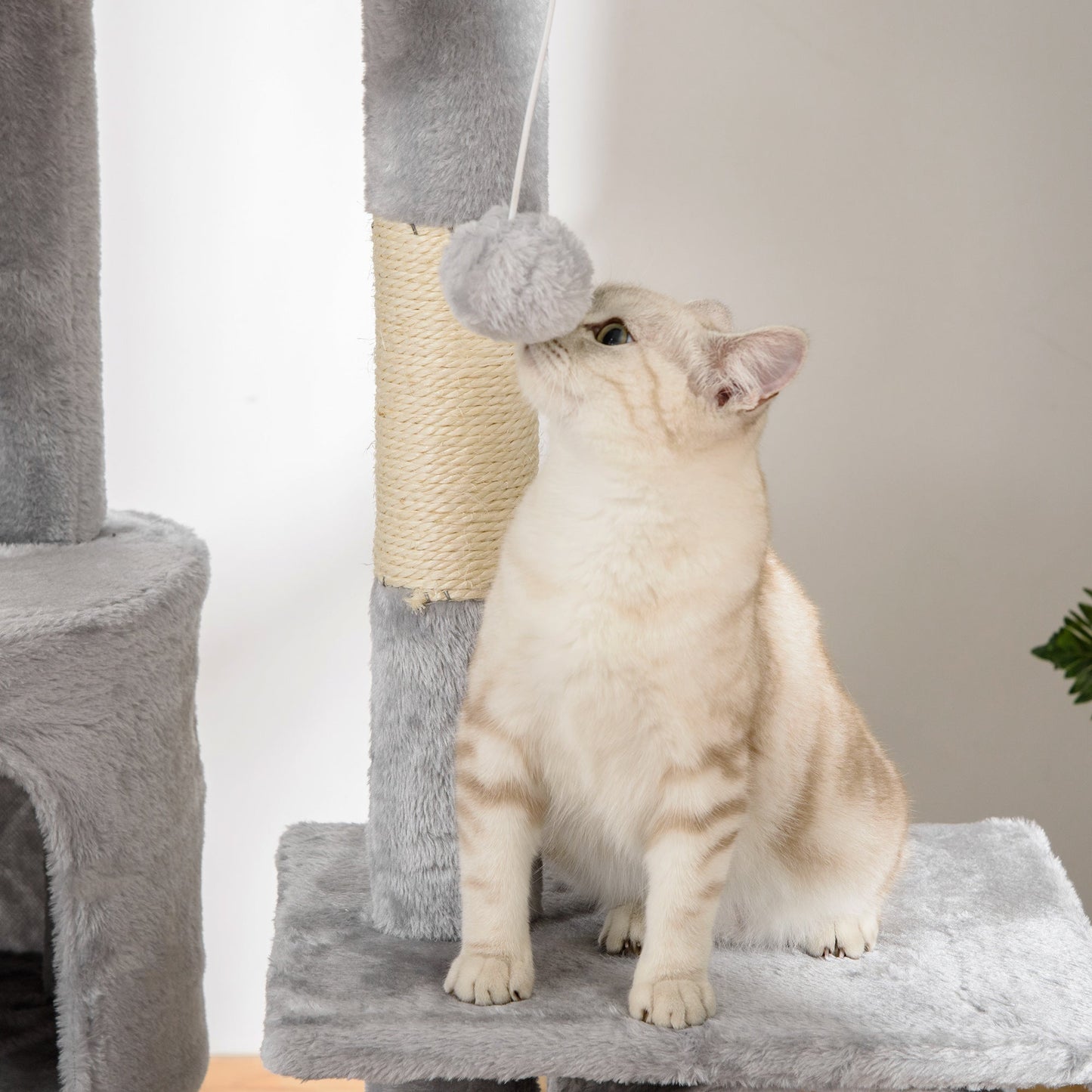 Cat Tower for Large Cats Adult, Floor to Ceiling Cat Tree Adjustable Height 94"-102" Multi-Level with Scratching Posts, Cozy Hammock, Dangling Ball Toy, Light Grey