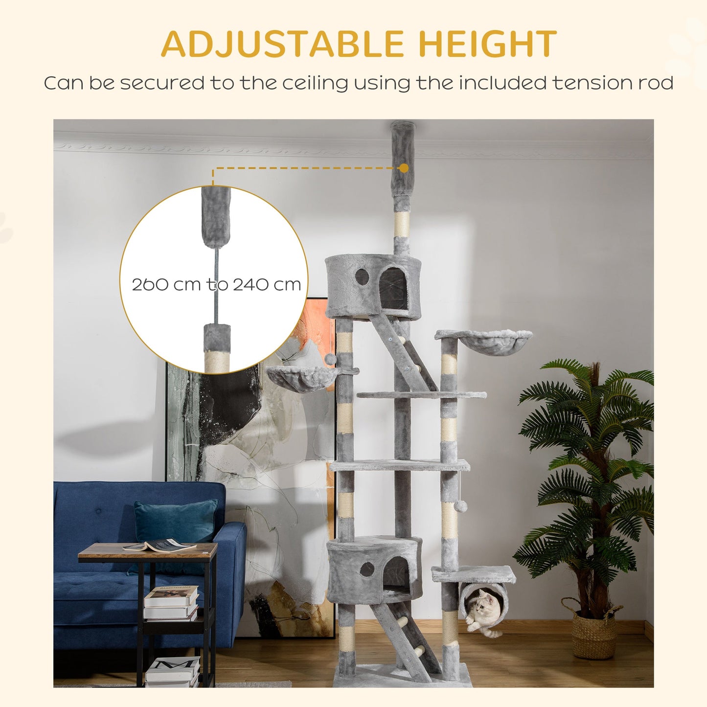Cat Tower for Large Cats Adult, Floor to Ceiling Cat Tree Adjustable Height 94"-102" Multi-Level with Scratching Posts, Cozy Hammock, Dangling Ball Toy, Light Grey