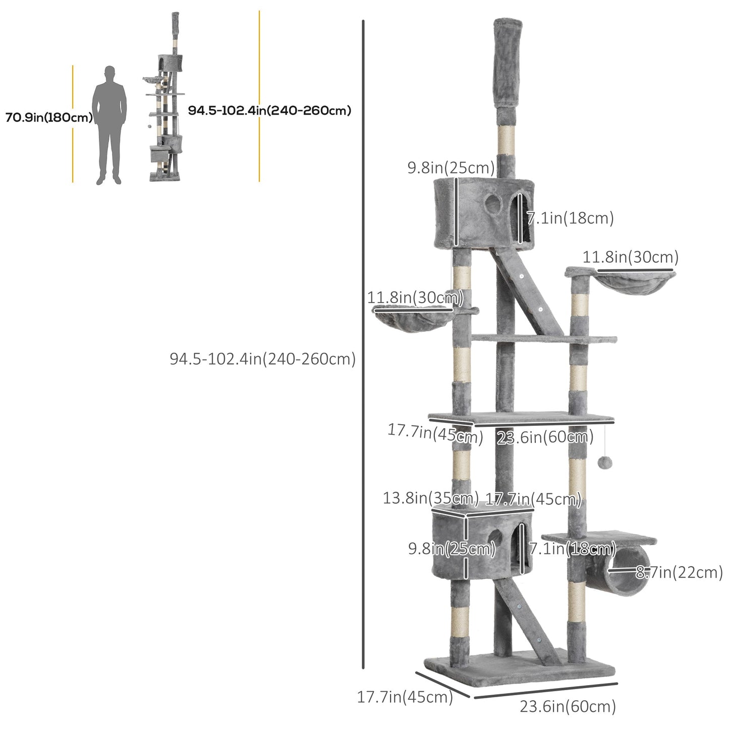 Cat Tower for Large Cats Adult, Floor to Ceiling Cat Tree Adjustable Height 94"-102" Multi-Level with Scratching Posts, Cozy Hammock, Dangling Ball Toy, Light Grey
