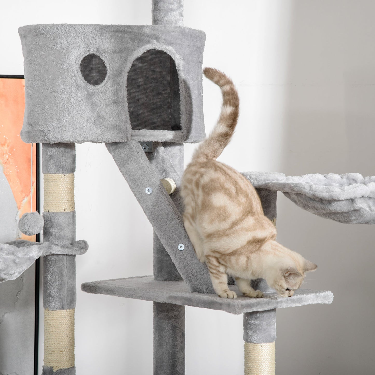 Cat Tower for Large Cats Adult, Floor to Ceiling Cat Tree Adjustable Height 94"-102" Multi-Level with Scratching Posts, Cozy Hammock, Dangling Ball Toy, Light Grey