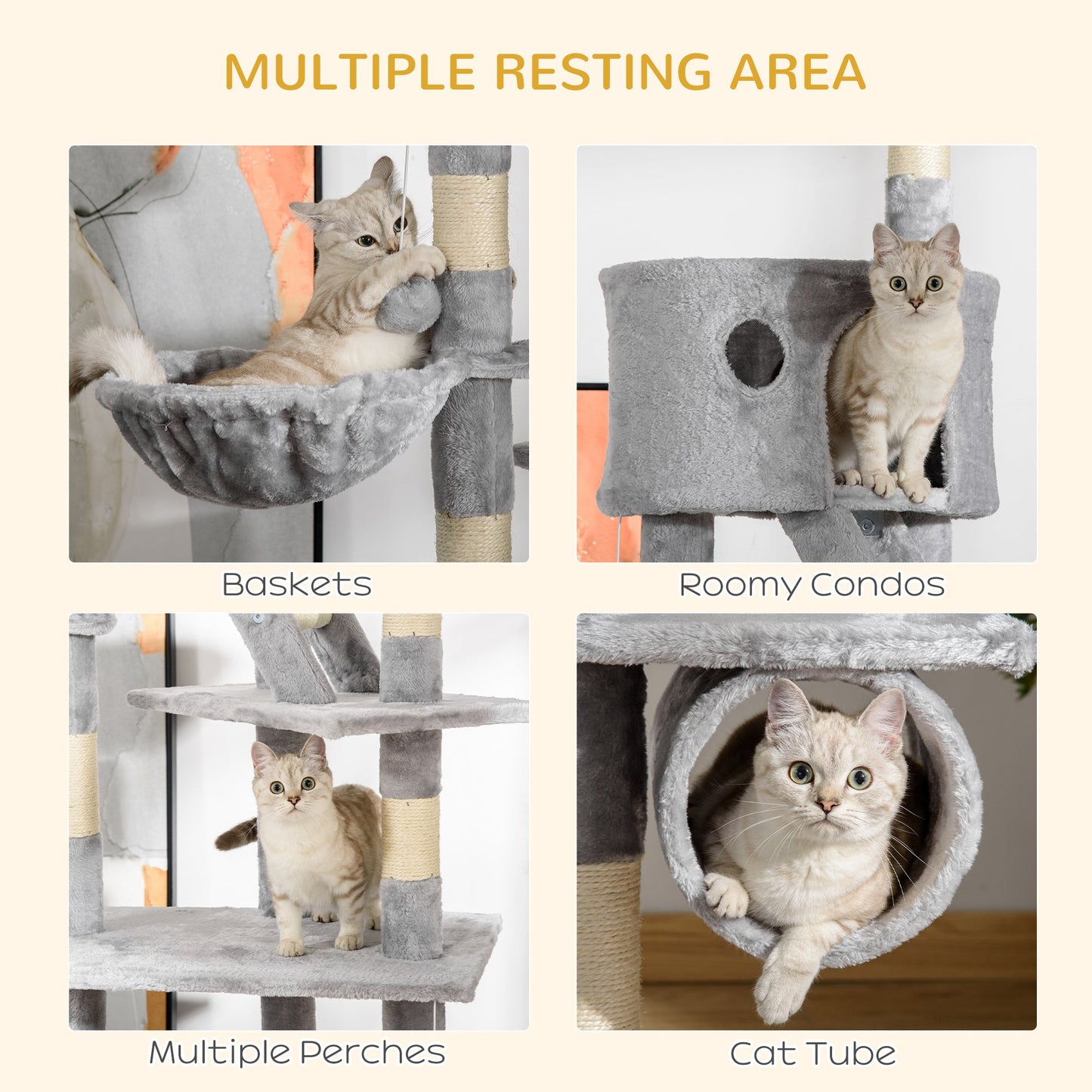 Cat Tower for Large Cats Adult, Floor to Ceiling Cat Tree Adjustable Height 94"-102" Multi-Level with Scratching Posts, Cozy Hammock, Dangling Ball Toy, Light Grey