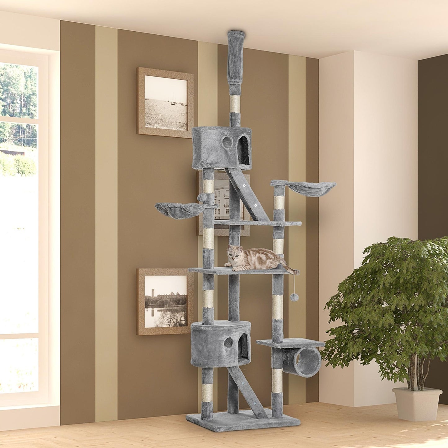 Cat Tower for Large Cats Adult, Floor to Ceiling Cat Tree Adjustable Height 94"-102" Multi-Level with Scratching Posts, Cozy Hammock, Dangling Ball Toy, Light Grey