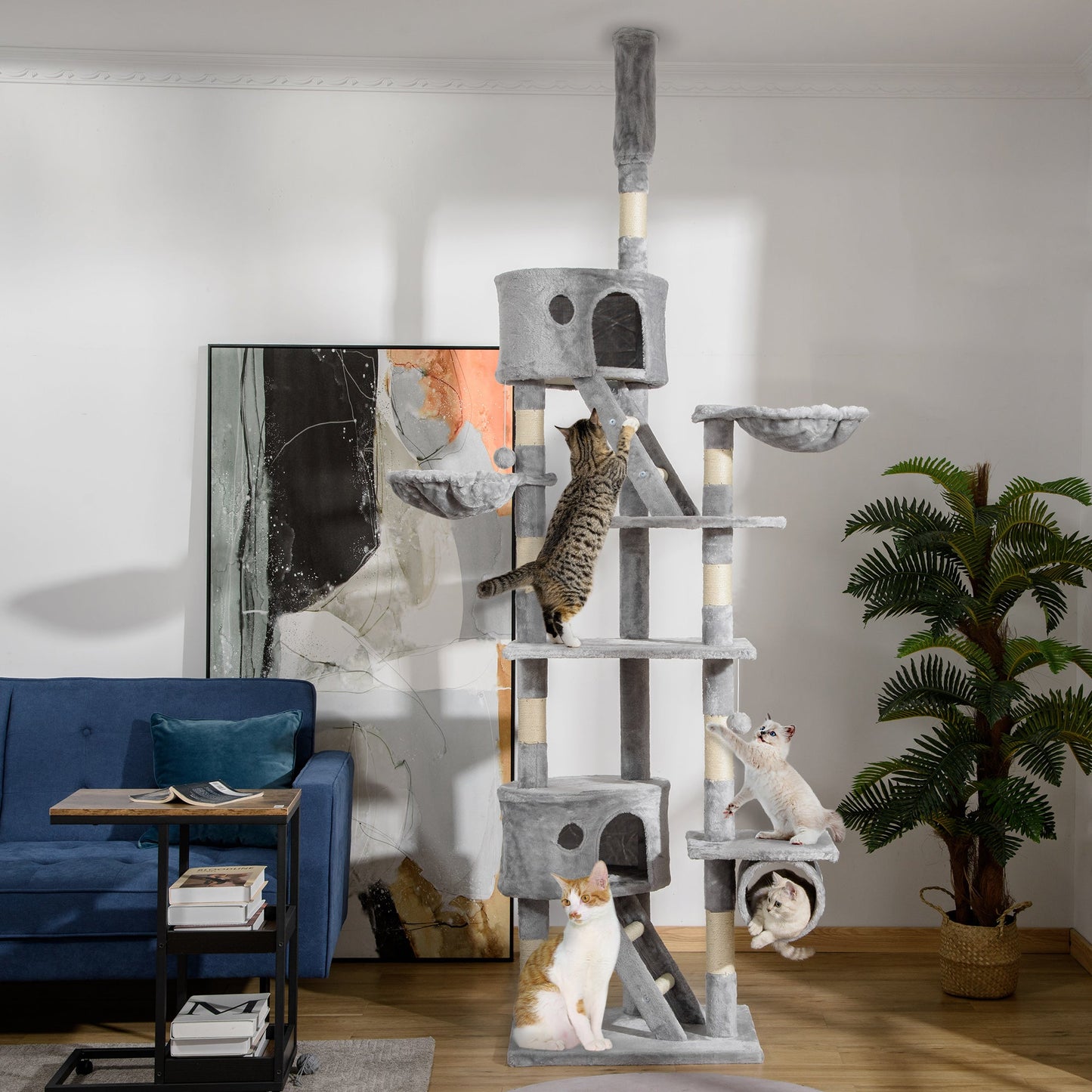 Cat Tower for Large Cats Adult, Floor to Ceiling Cat Tree Adjustable Height 94"-102" Multi-Level with Scratching Posts, Cozy Hammock, Dangling Ball Toy, Light Grey
