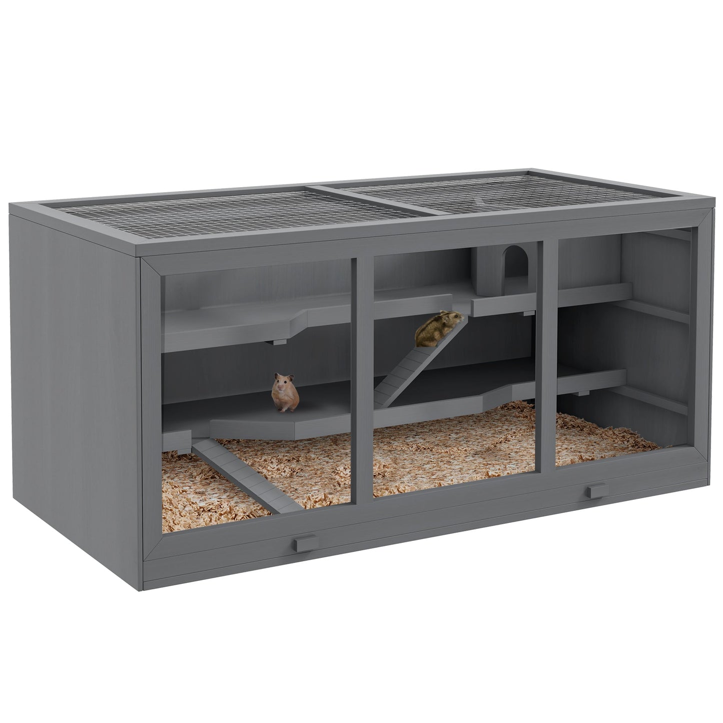 Wooden Hamster Cage, Mouse Mice Rat Cage Small Animal Cage, 3 Tier Exercise Play House with Slide, Tray, Grey
