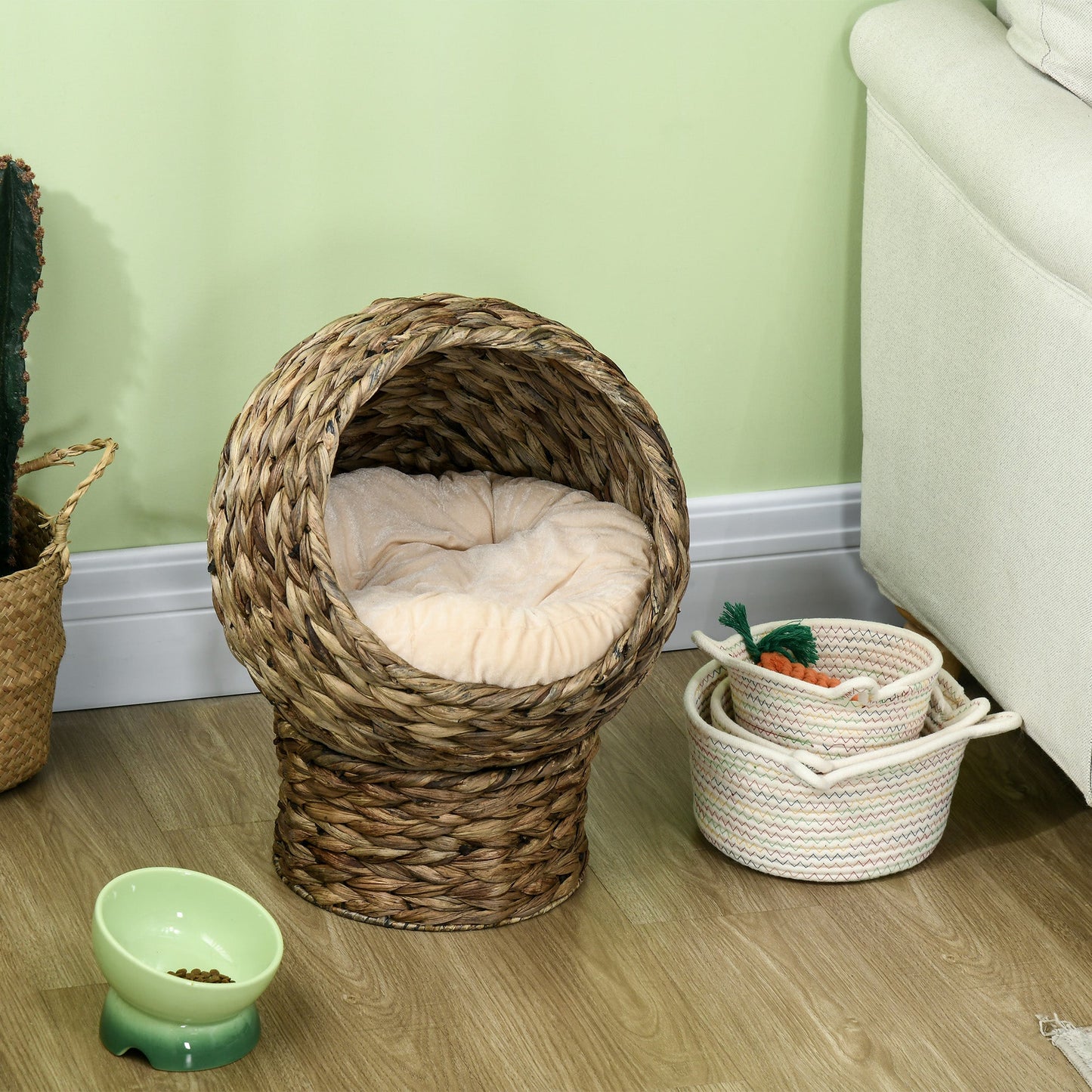 Wicker Cat Bed, Elevated Rattan Kitten Bed with Cushion, Handwoven Cat Egg Chair Kitty House with Stand for Indoor Cats, Grey
