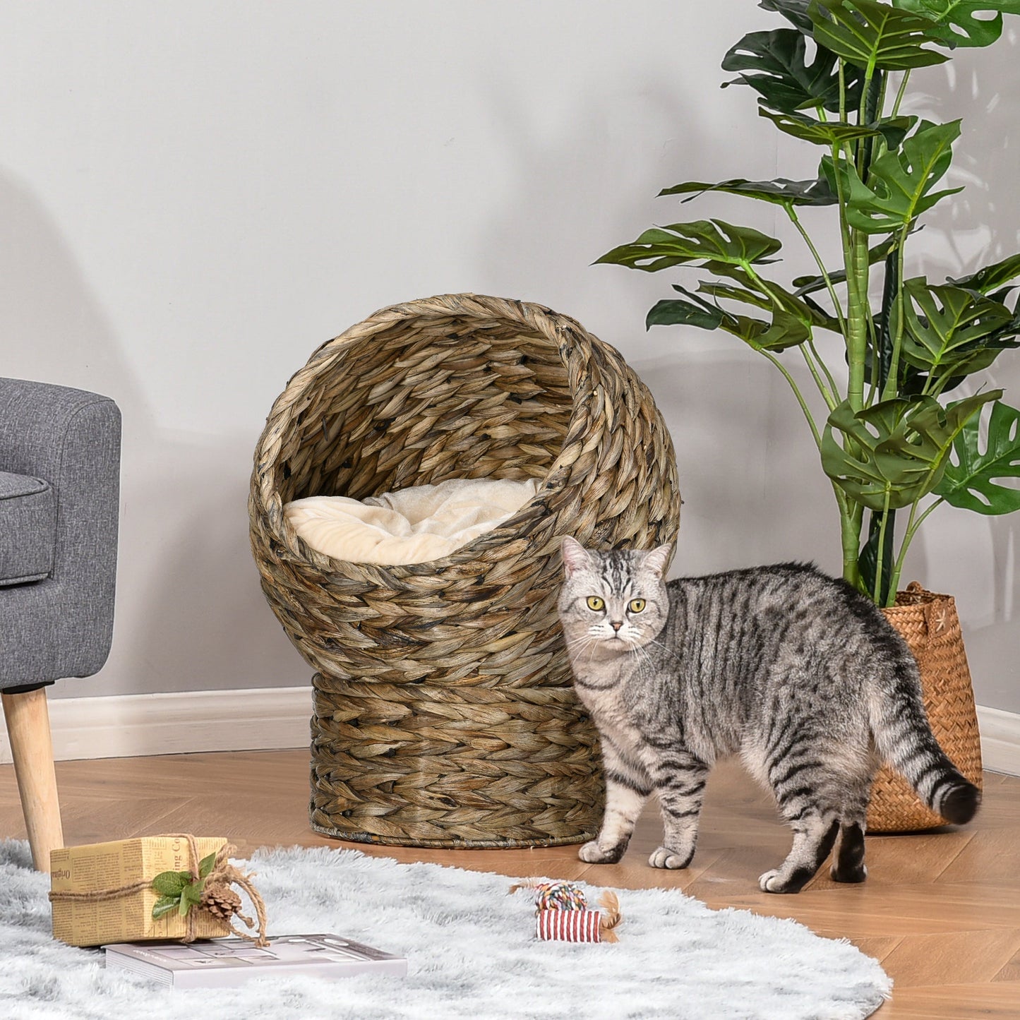 Wicker Cat Bed, Elevated Rattan Kitten Bed with Cushion, Handwoven Cat Egg Chair Kitty House with Stand for Indoor Cats, Grey