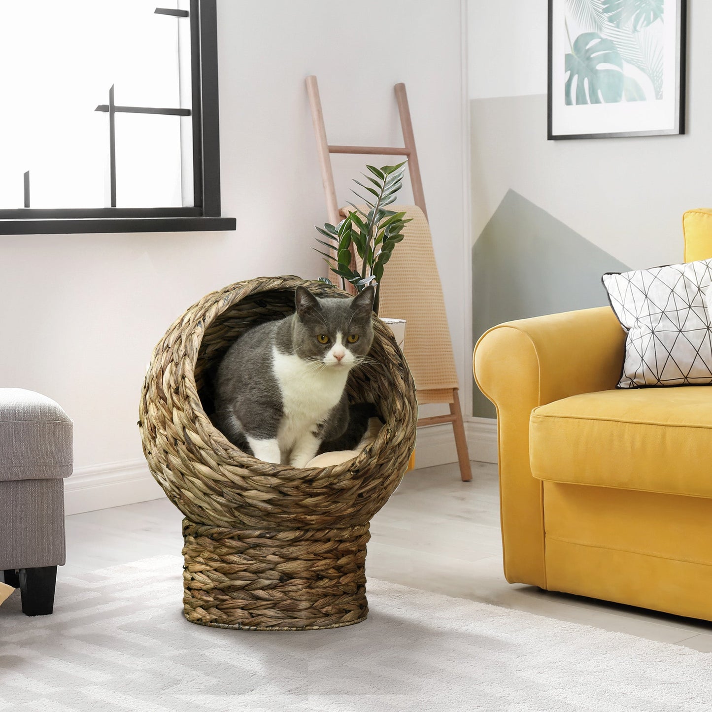 Wicker Cat Bed, Elevated Rattan Kitten Bed with Cushion, Handwoven Cat Egg Chair Kitty House with Stand for Indoor Cats, Grey