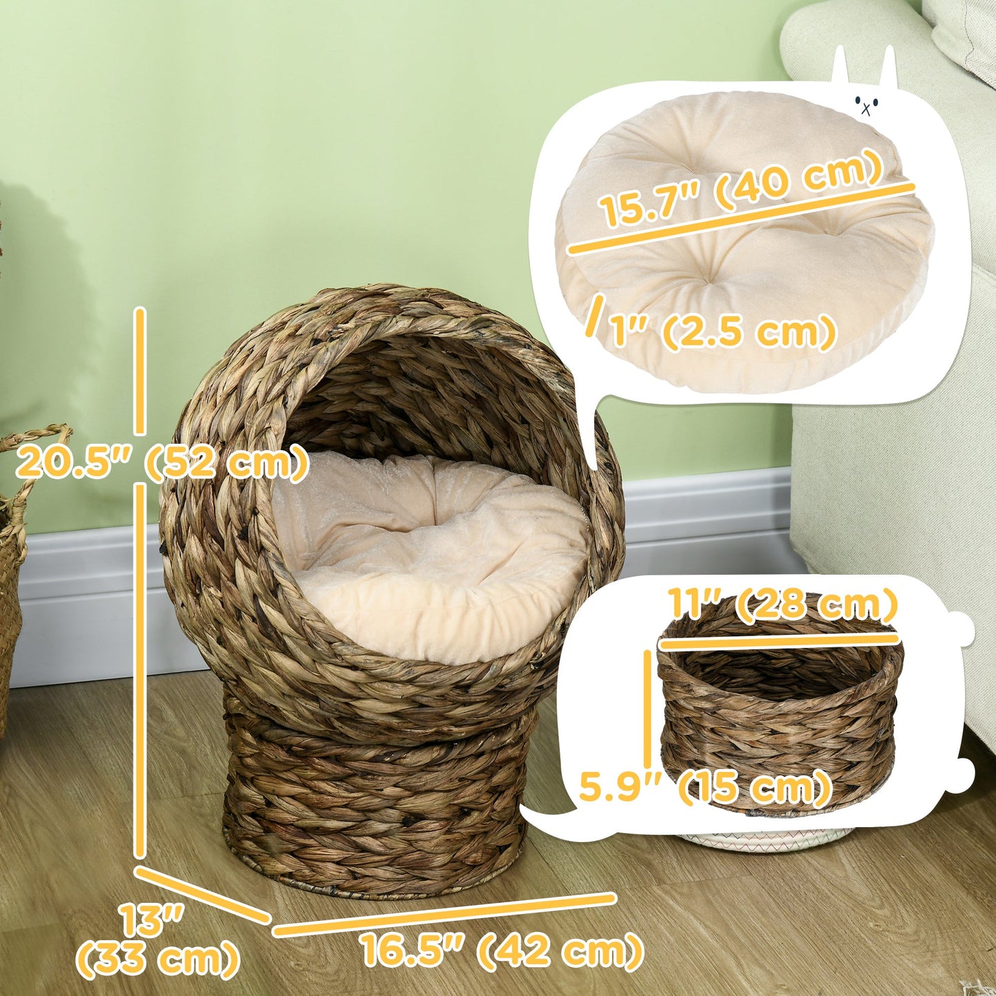 Wicker Cat Bed, Elevated Rattan Kitten Bed with Cushion, Handwoven Cat Egg Chair Kitty House with Stand for Indoor Cats, Grey