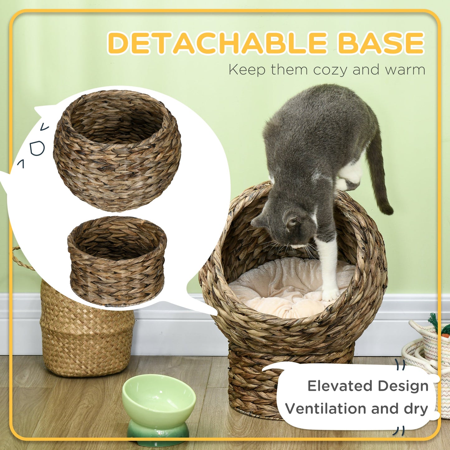 Wicker Cat Bed, Elevated Rattan Kitten Bed with Cushion, Handwoven Cat Egg Chair Kitty House with Stand for Indoor Cats, Grey