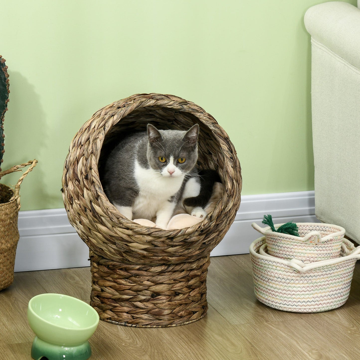 Wicker Cat Bed, Elevated Rattan Kitten Bed with Cushion, Handwoven Cat Egg Chair Kitty House with Stand for Indoor Cats, Grey