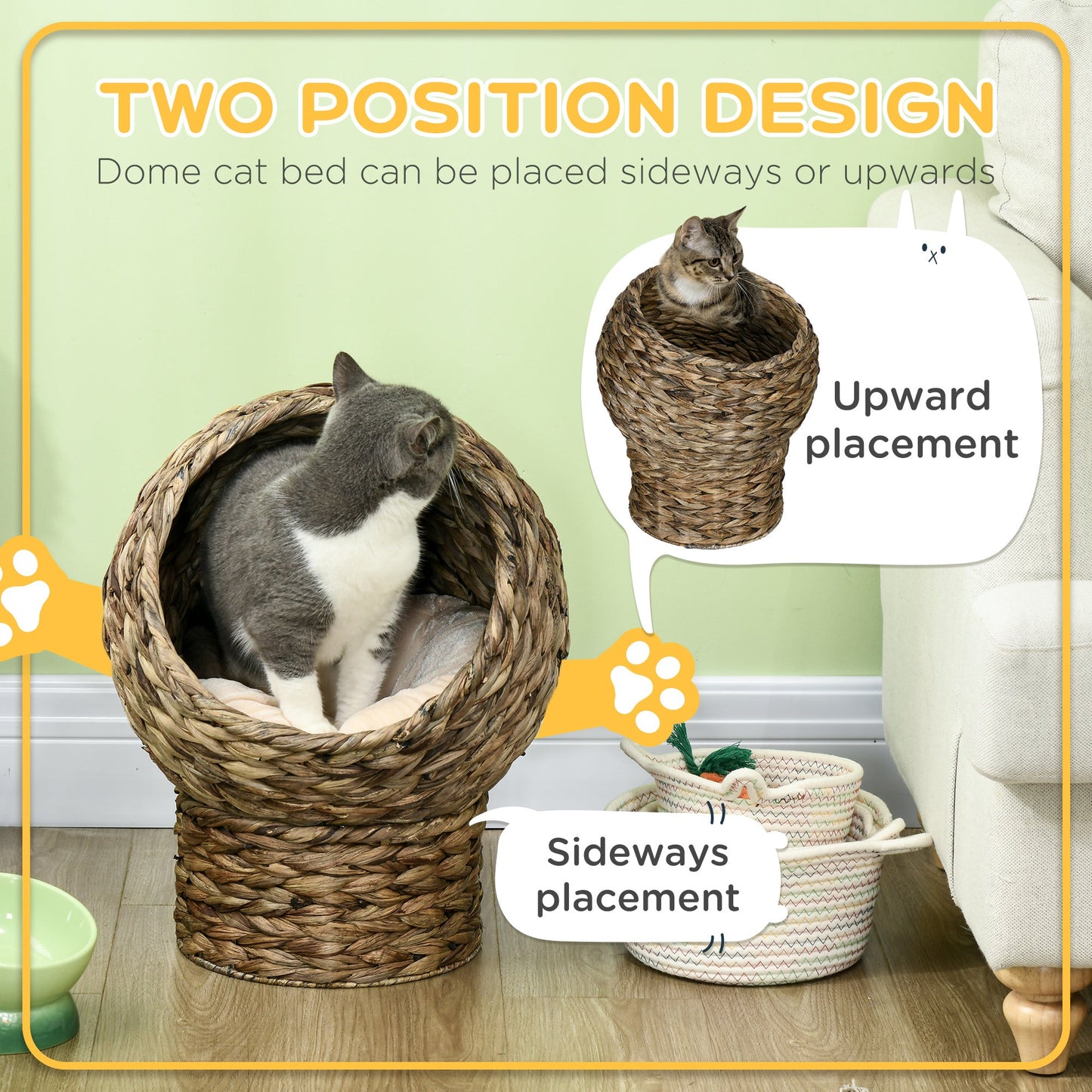 Wicker Cat Bed, Elevated Rattan Kitten Bed with Cushion, Handwoven Cat Egg Chair Kitty House with Stand for Indoor Cats, Grey