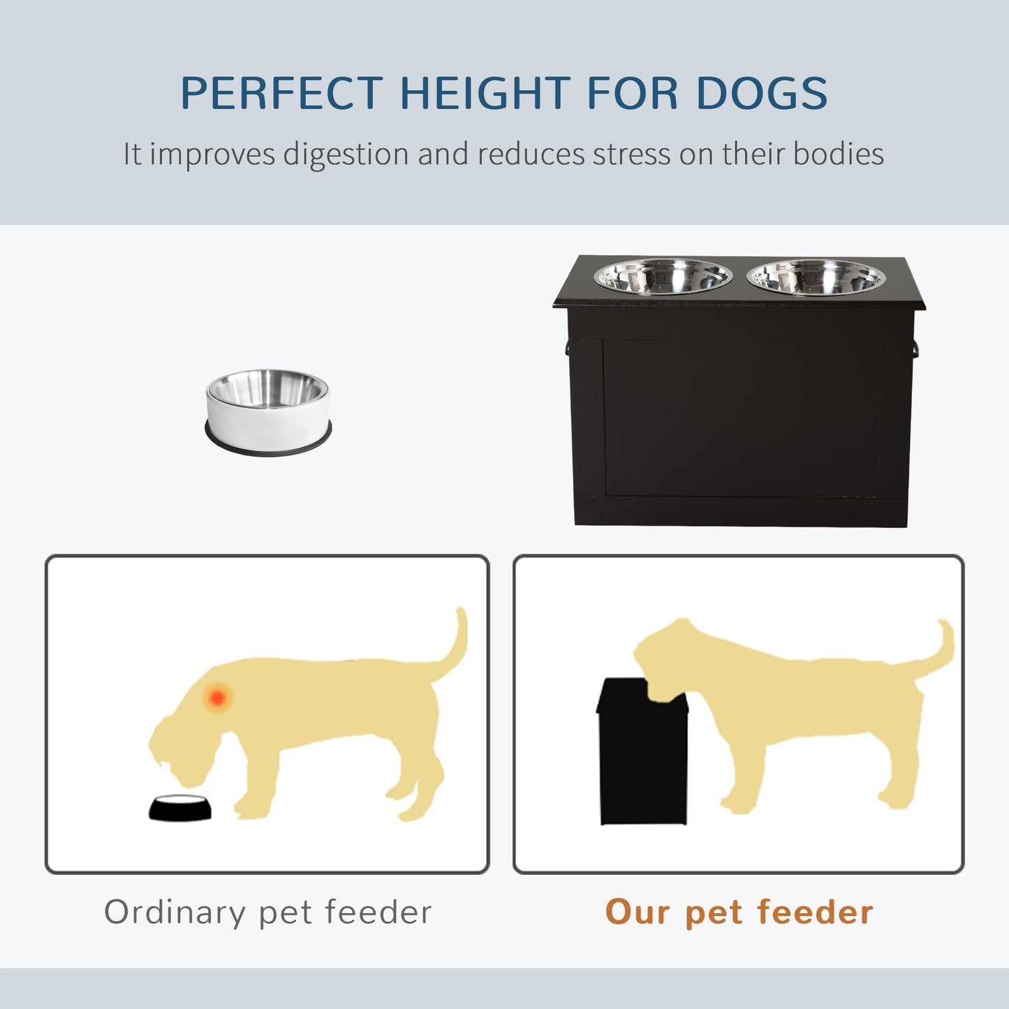Elevated Dog Bowls for Large Dogs with Storage Dog Pet Diner Function 2 Stainless Steel Dog Bowls Elevated Base for Big-sized Dogs and Other Large Pets, Coffee