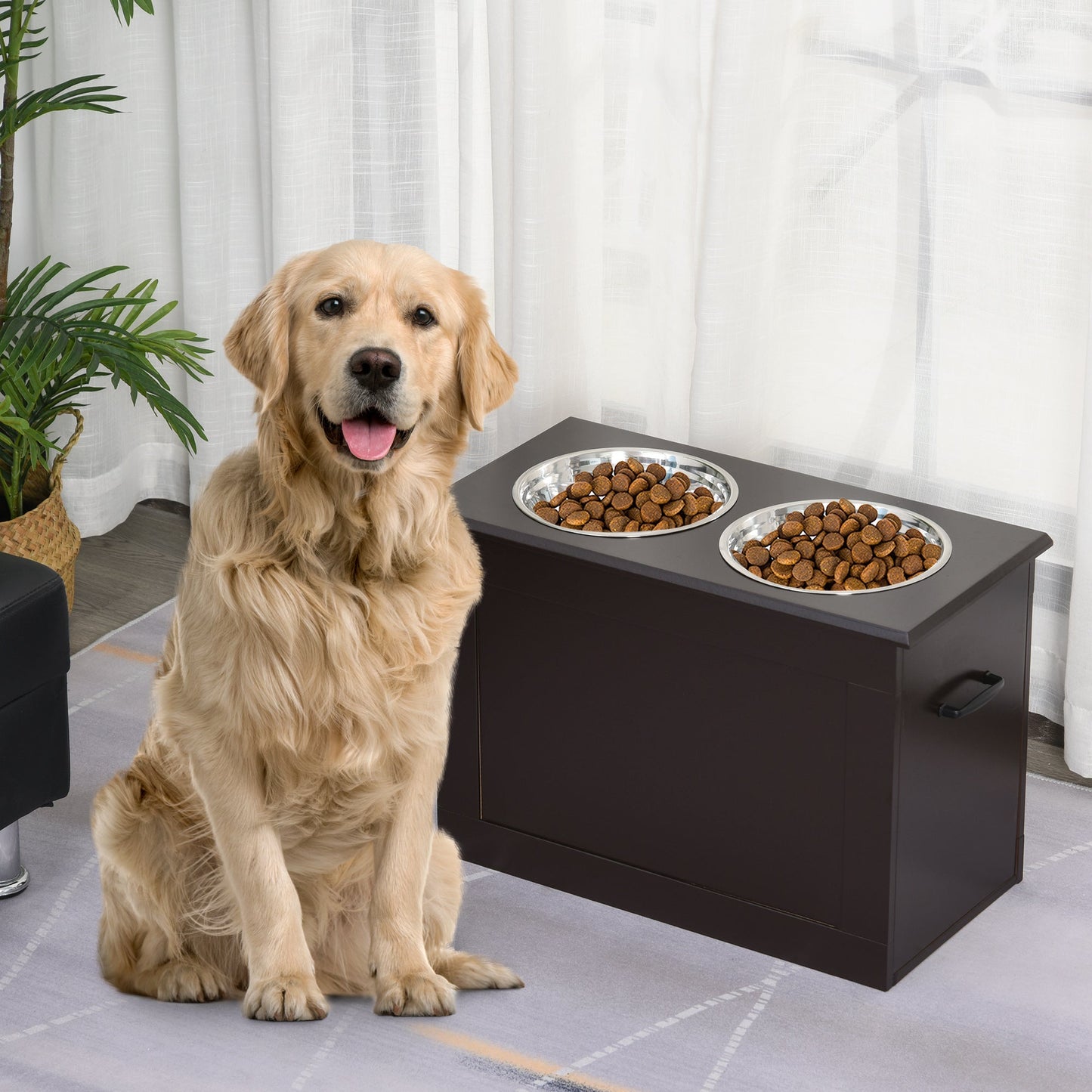 Elevated Dog Bowls for Large Dogs with Storage Dog Pet Diner Function 2 Stainless Steel Dog Bowls Elevated Base for Big-sized Dogs and Other Large Pets, Coffee