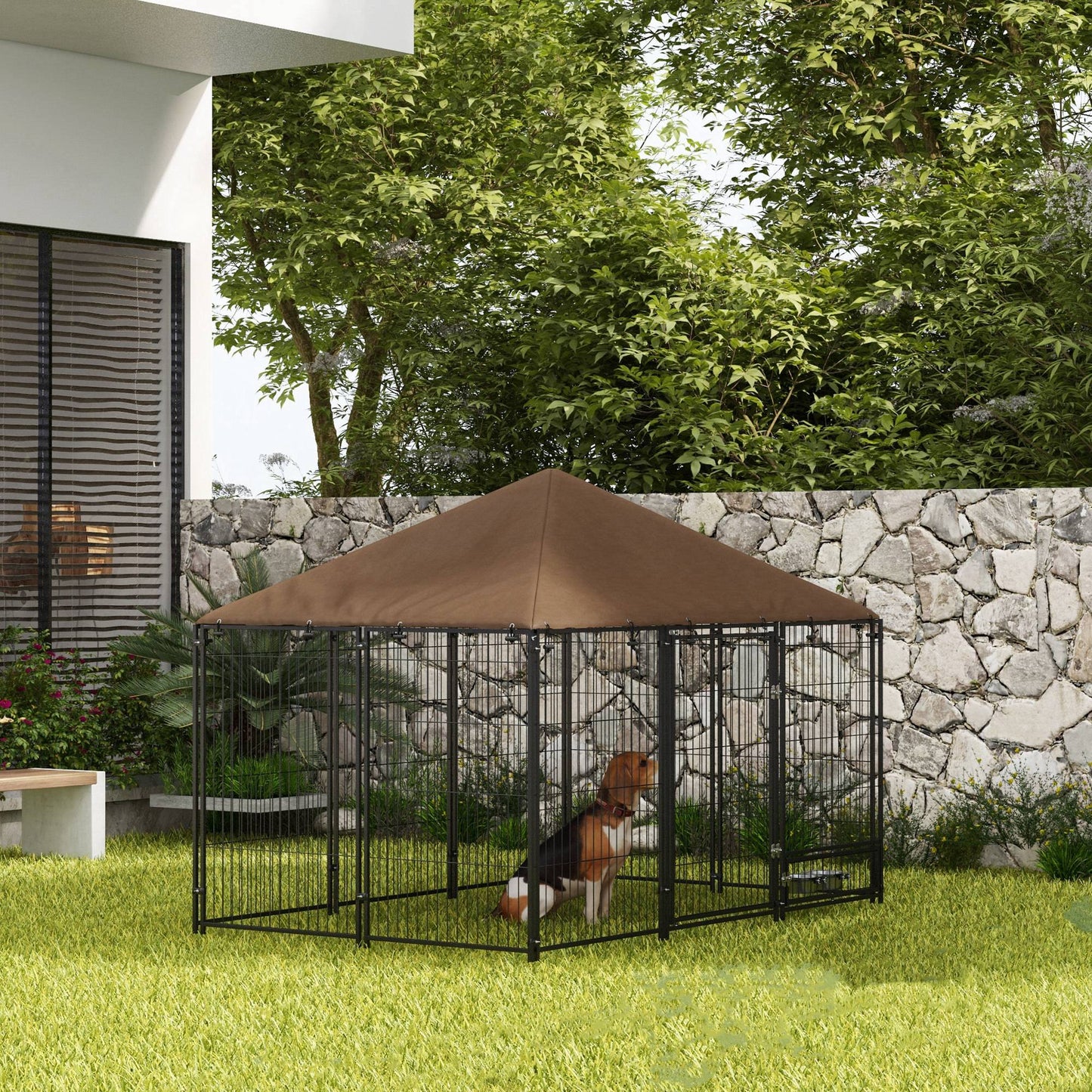 Large Dog Run, 6.9' x 4.6' x 5' Outdoor Dog Kennel with Canopy, Rotating Bowls, Door for Backyard & Garden, Coffee