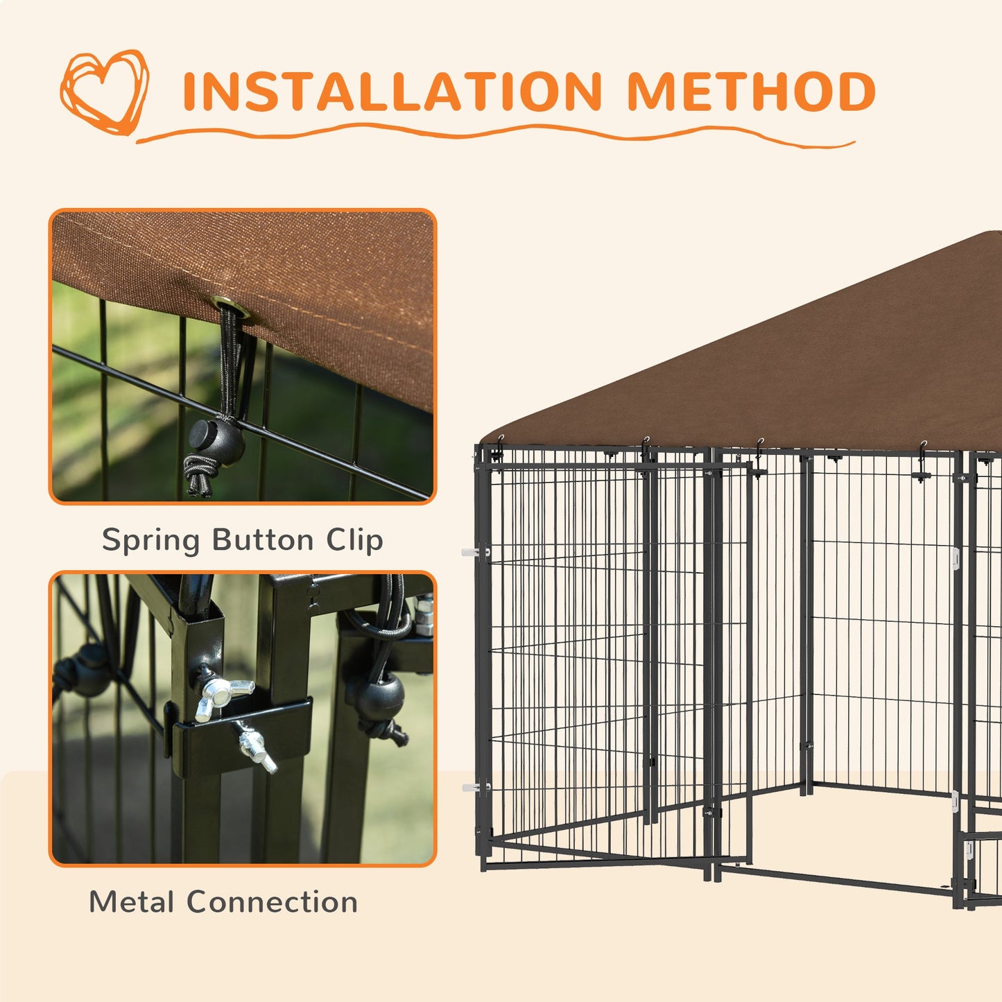 Large Dog Run, 6.9' x 4.6' x 5' Outdoor Dog Kennel with Canopy, Rotating Bowls, Door for Backyard & Garden, Coffee