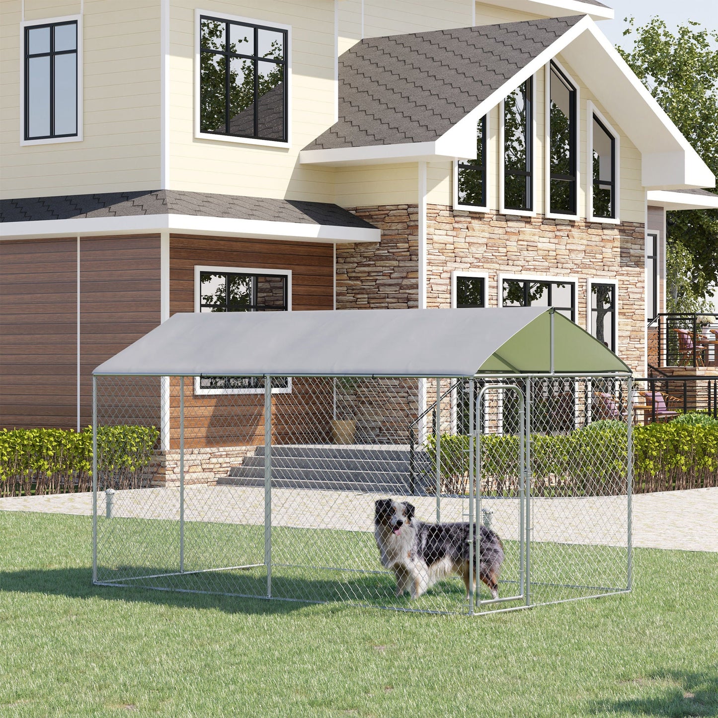 Dog Kennel Outdoor Run Fence with Roof, Steel Lock, Mesh Sidewalls for Backyard & Patio, 13.1' x 7.5' x 7.5'