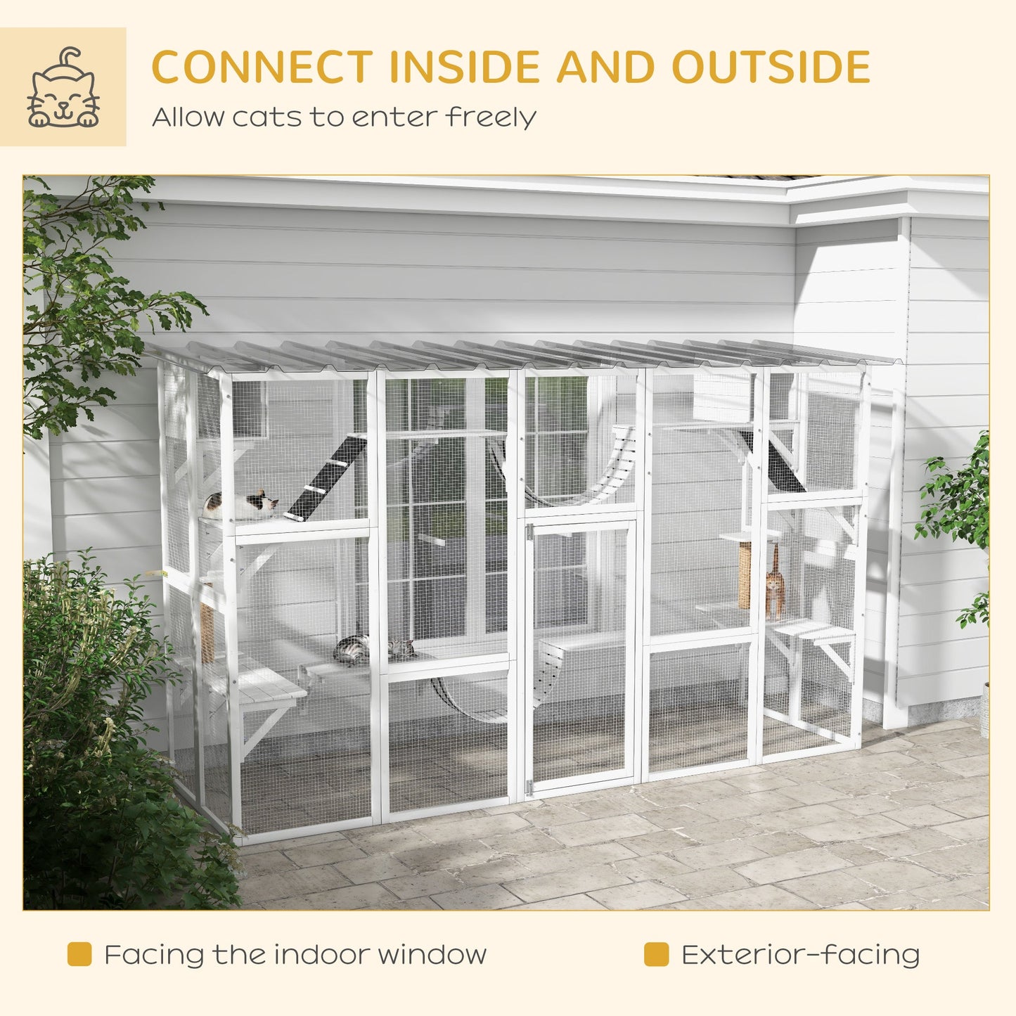 Catio, Large Outdoor Cat Enclosure with Cat Condos, Platforms, Ladders, Doors, Weather-Resistant Roof, Wooden Cat Cage for 1-4 Cats, White